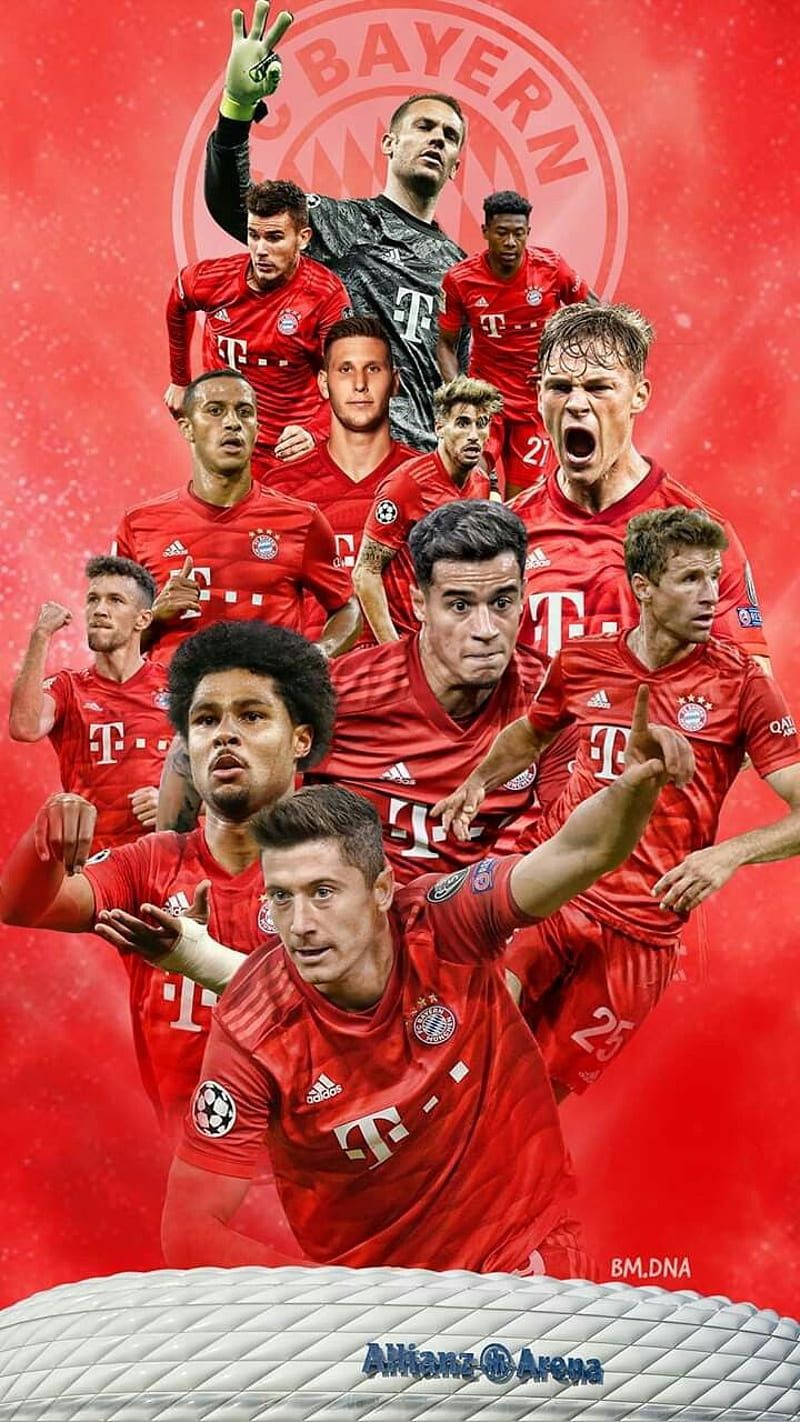 FC Bayern München, Mannschaft, Collage, Rote Trikots, Allianz Arena, HD, Handy-Hintergrundbild