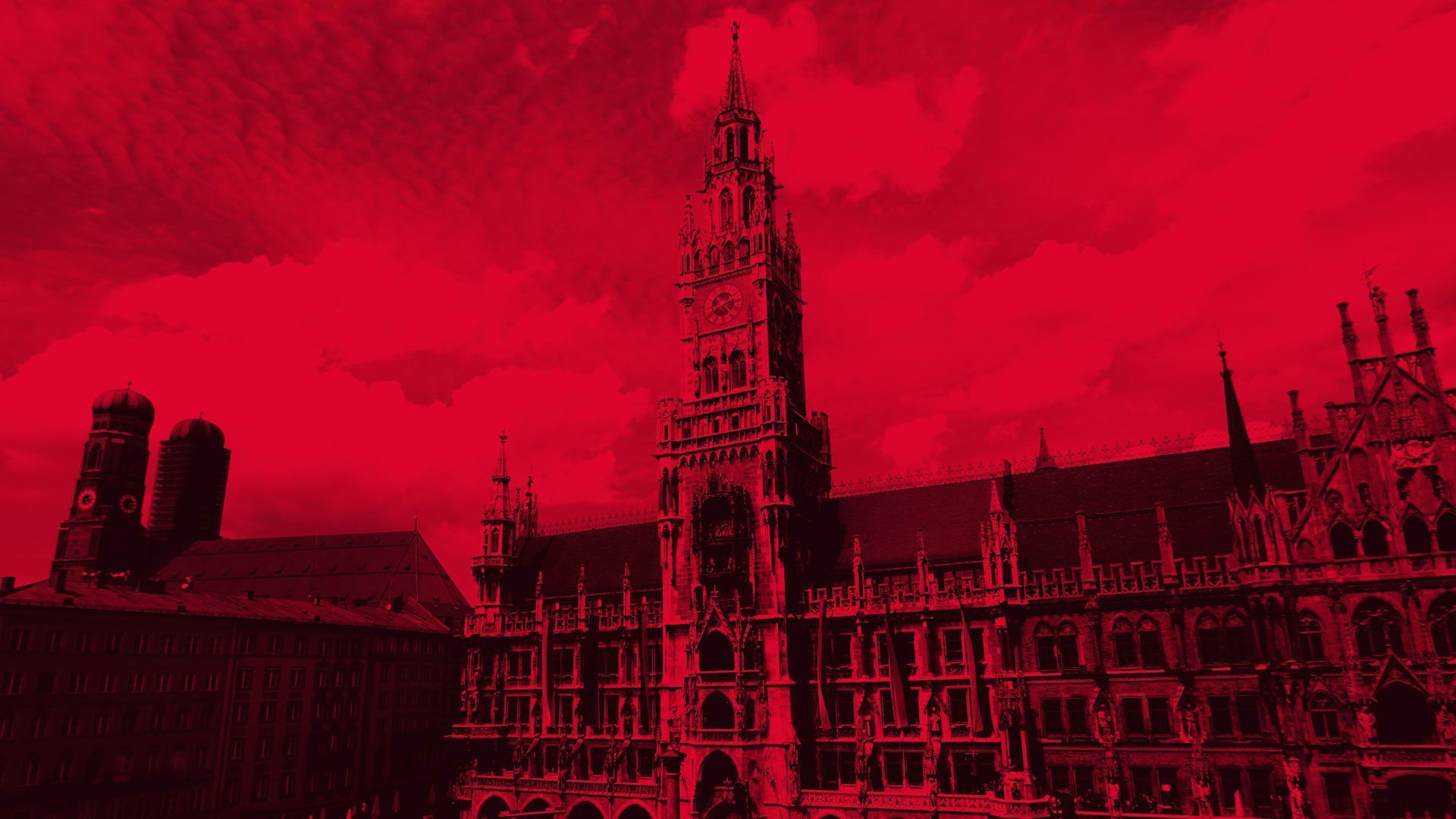 Neues Rathaus, Frauenkirche, München, Rote Tönung, Silhouette, 1920x1080, PC-Hintergrundbild