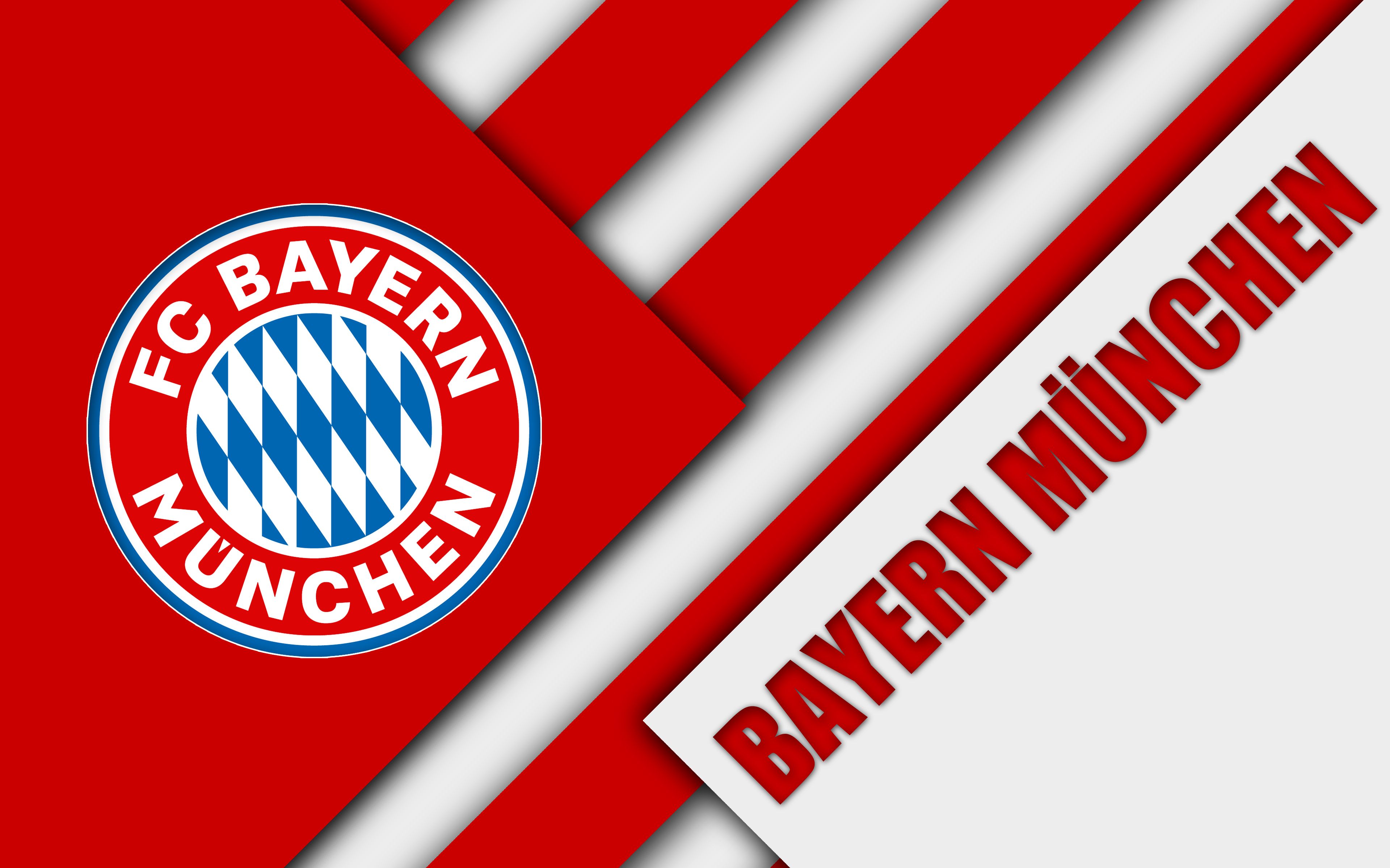 FC Bayern München, Wappen, Schriftzug, Rot-weiße Streifen, Materialdesign, 4K, MacBook-Hintergrundbild