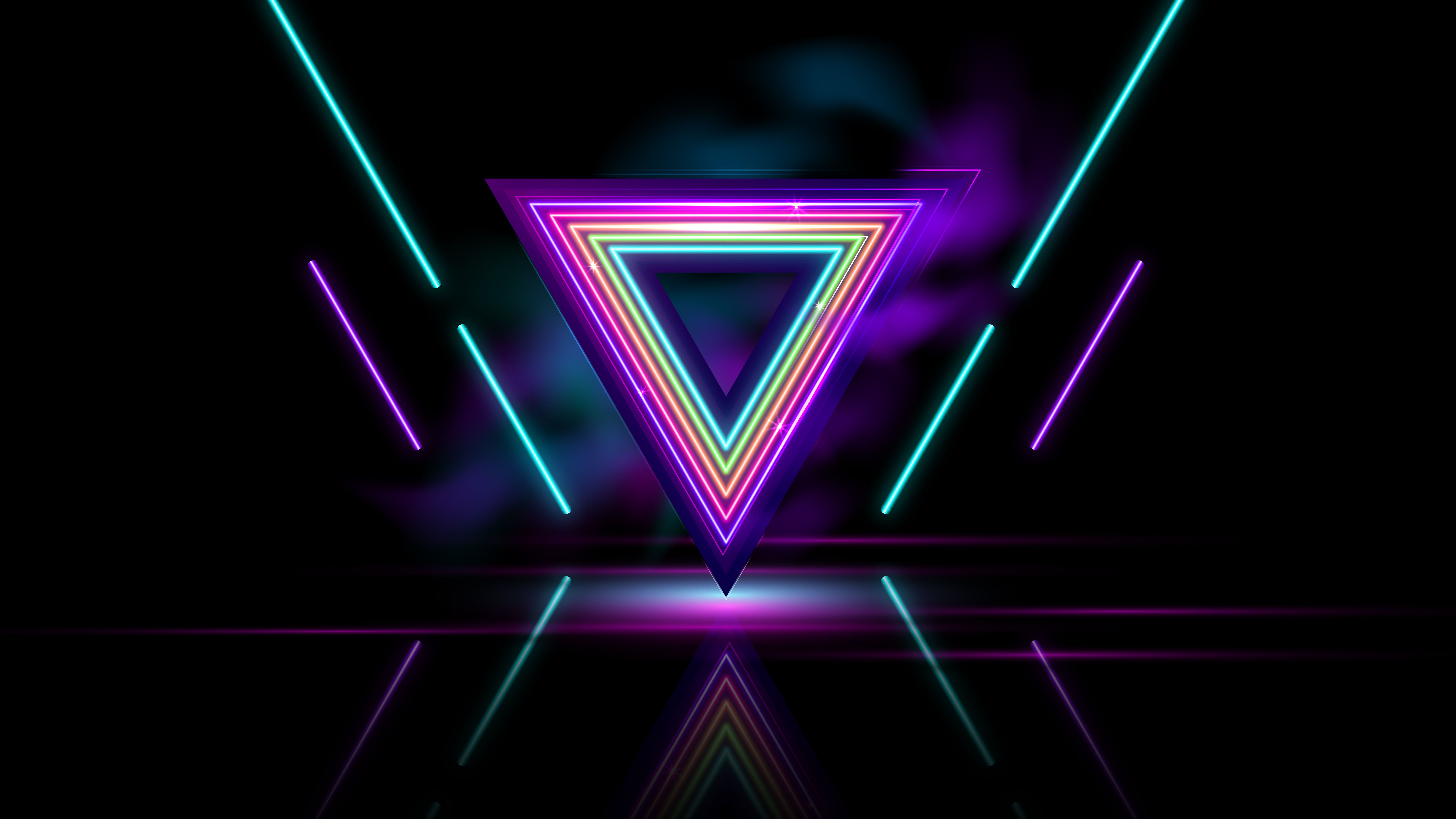 Dreieck, Neonlinien, Regenbogenfarben, Spiegelung, Schwarzer Hintergrund, 8K Wallpaper