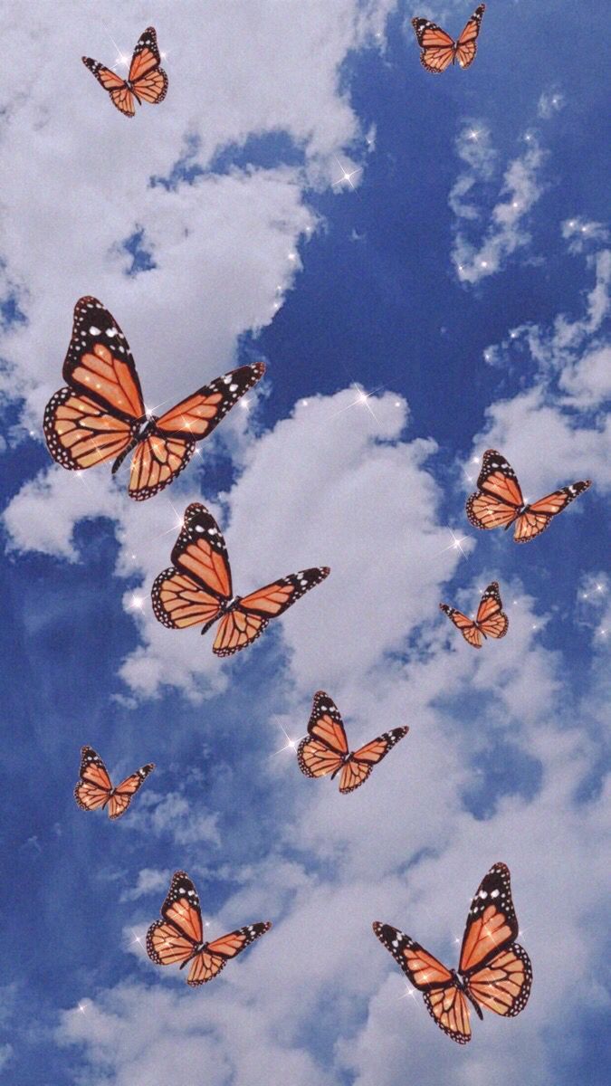 Monarchfalter, Wolken, Blauer Himmel, Schwarm, Hintergrundbild für iPhone und Android