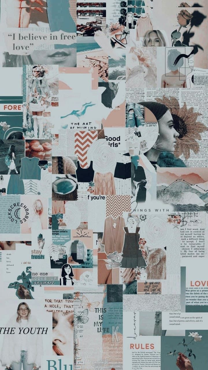 Collage, Blaugrau, Sage, Fotowand, Ästhetik, HD, Hintergrundbild fürs Handy