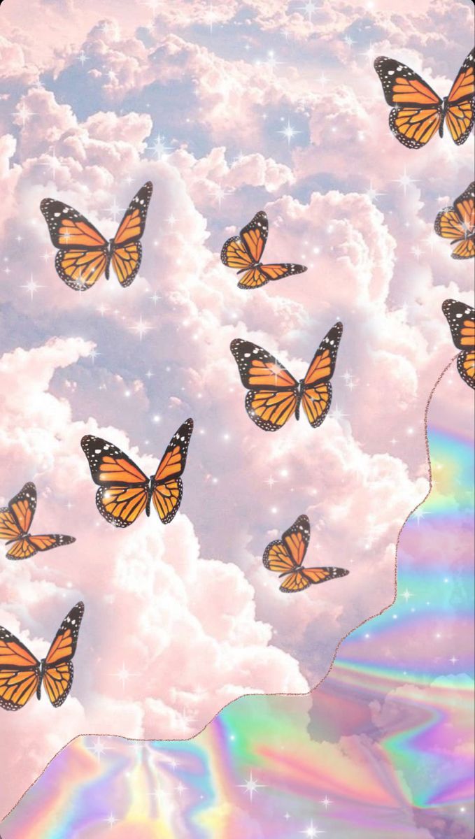 Monarchfalter, Rosa Wolken, Holografisch, Regenbogen, Hochformat, Hintergrundbild fürs Smartphone