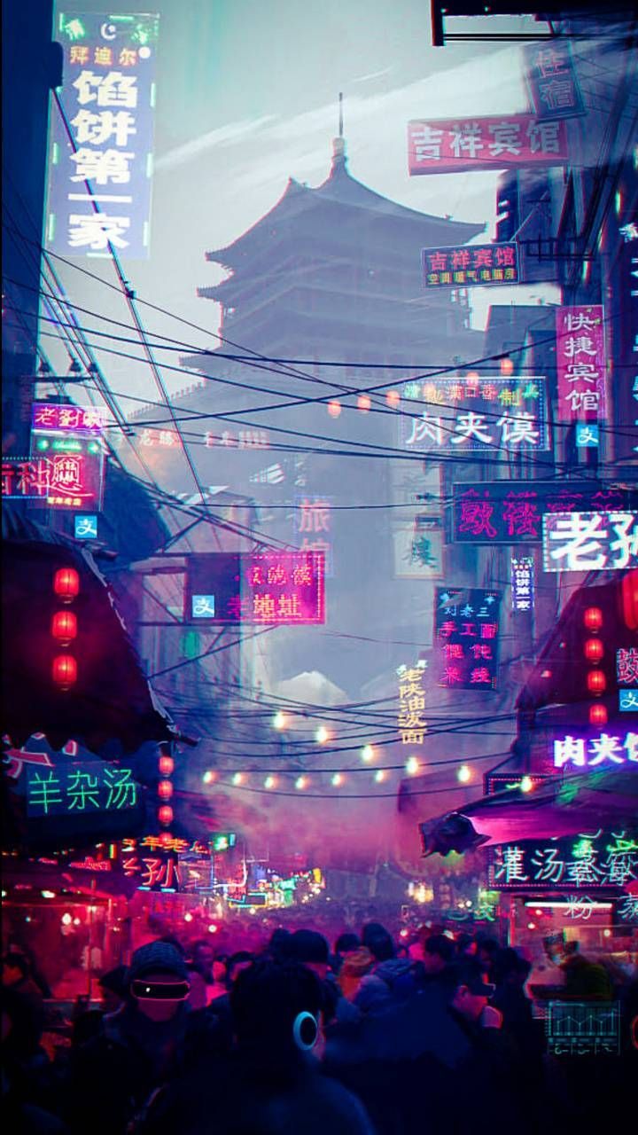 Pagode, Neonschilder, Altstadt, Nacht, Cyberpunk-Stil, Pinktöne, HD, iPhone-Hintergrundbild