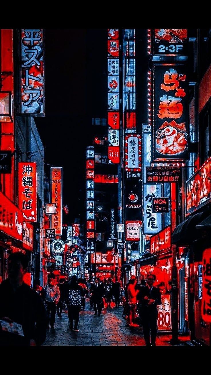 Neonschilder, Einkaufsstraße, Nacht, Rotes Licht, Stadt, Hintergrundbild fürs Handy