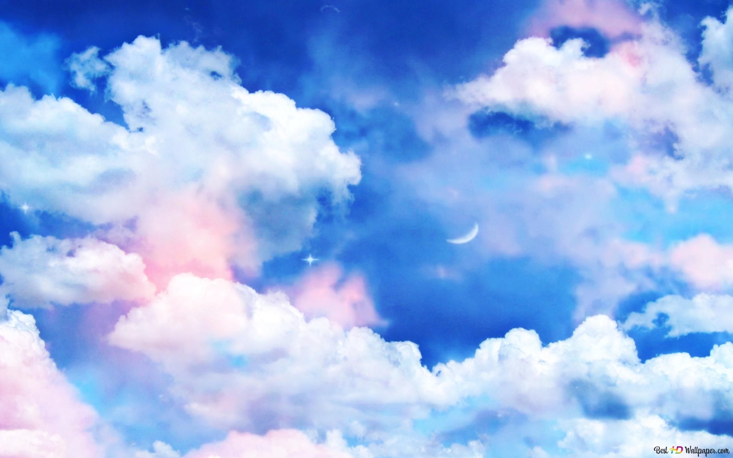 Wolken, Blauer Himmel, Mondsichel, Rosa, Pastell, 16:10, 2K-Hintergrundbild für den Desktop