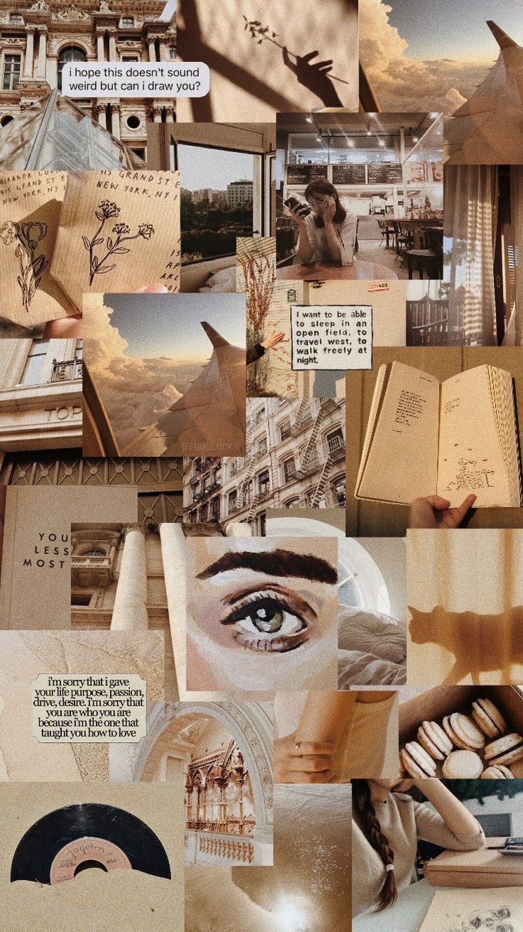 Collage, Vintage, Auge, Braune Ästhetik, Bücher, Hochformat, Hintergrundbild fürs Smartphone