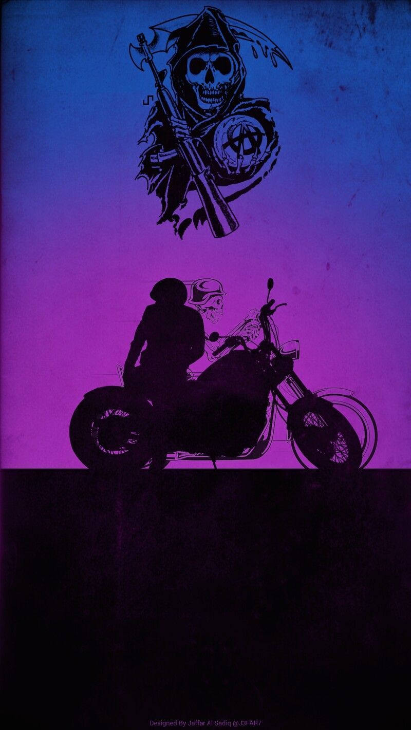 Sons of Anarchy, Motorrad, Silhouette, Lila Farbverlauf, Reaper-Logo, Hintergrundbild fürs Handy