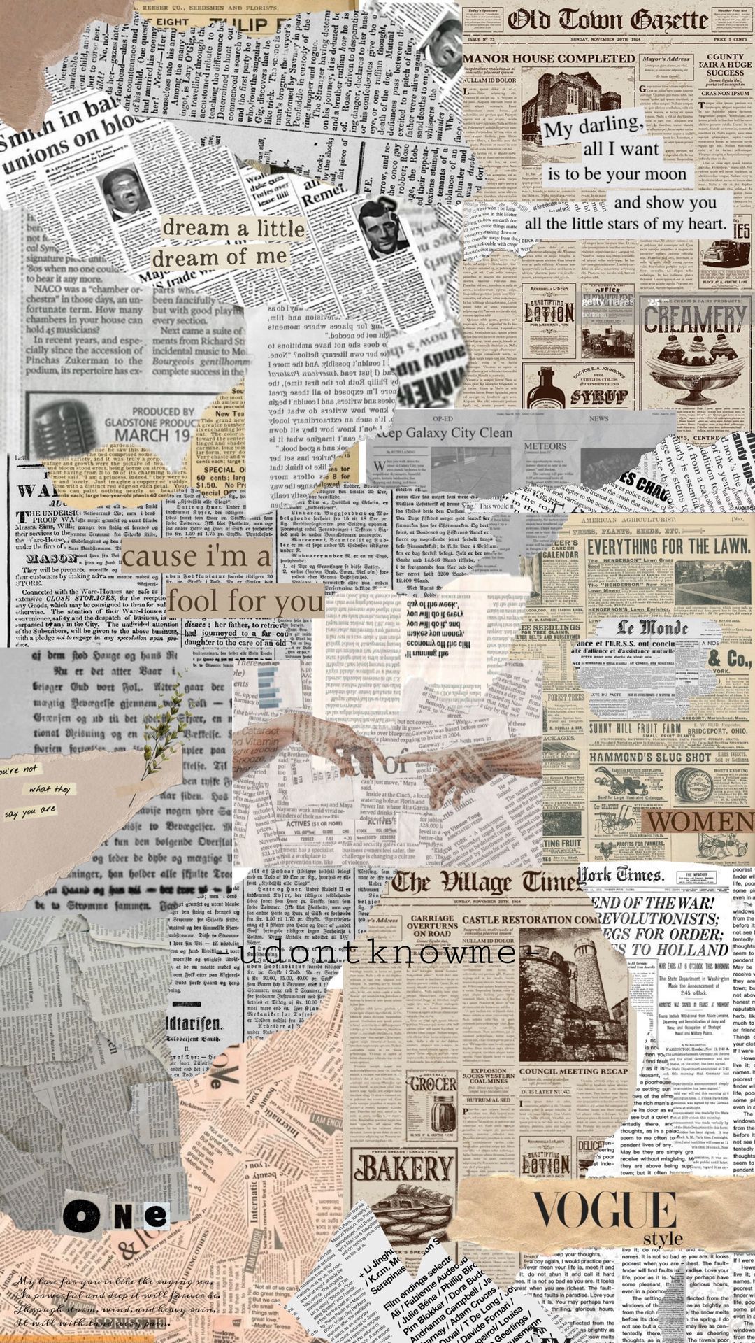 Zeitungscollage, Zeitungspapier, Vintage, Vogue, Beige, Hintergrundbild für iPhone und Android