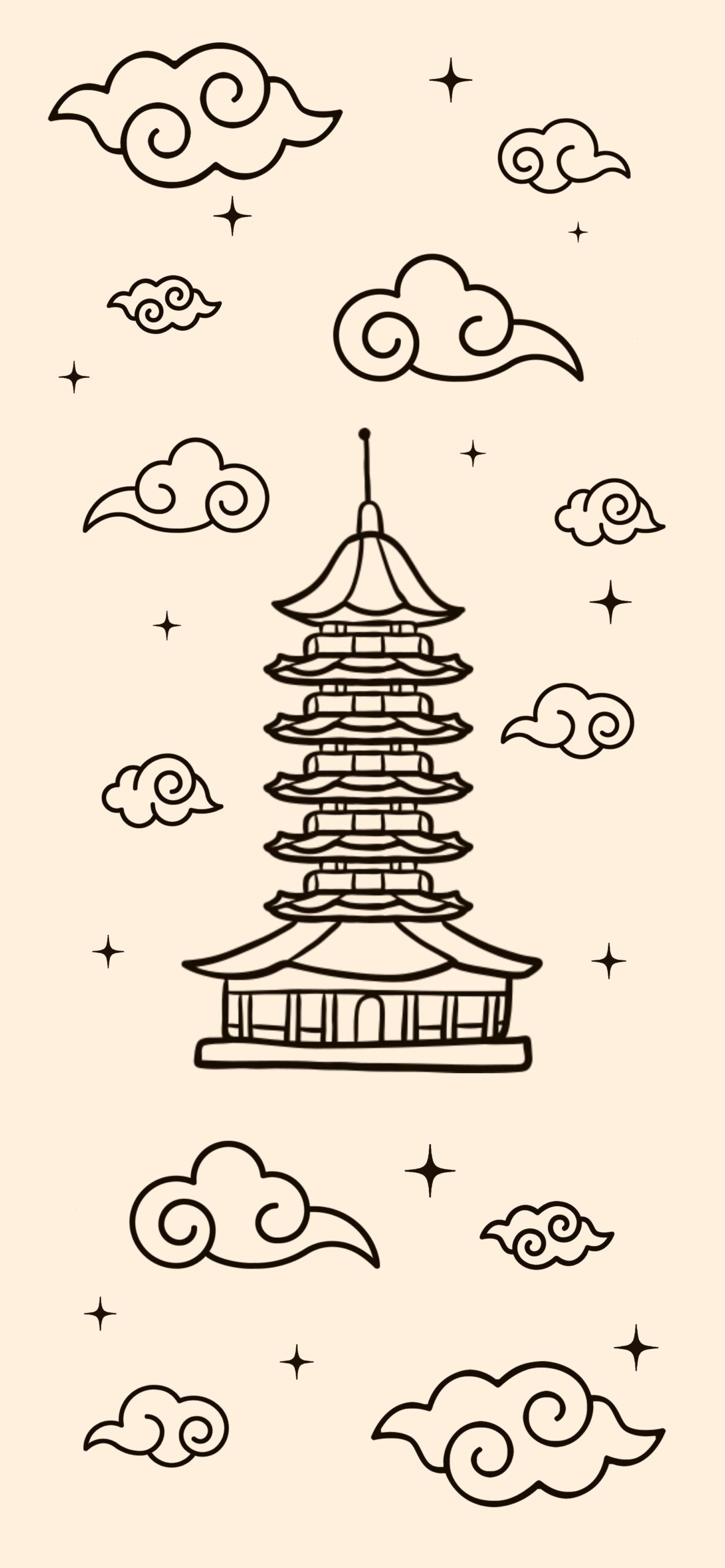 Pagode, Chinesische Wolken, Linienkunst, Beiger Hintergrund, Minimalistisch, Sperrbildschirm
