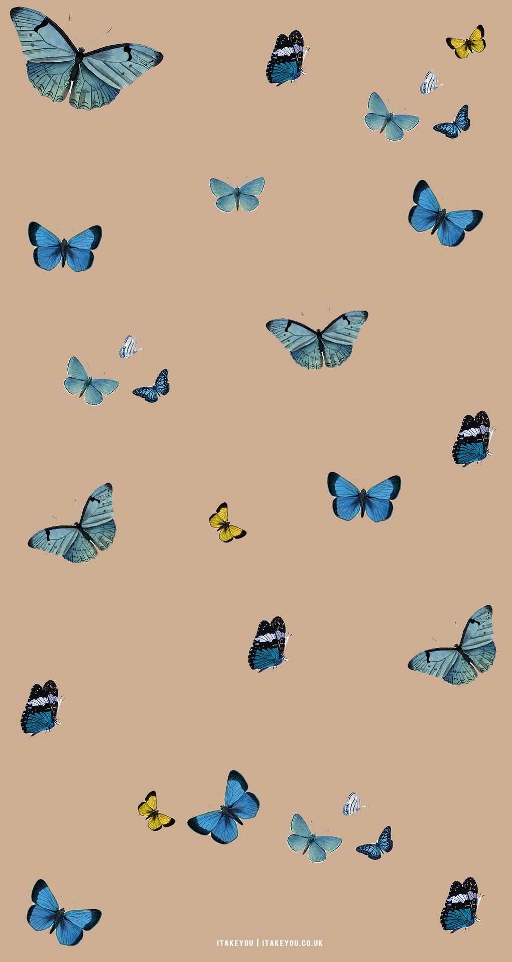 Blaue Schmetterlinge, Gelbe Falter, Beige, Muster, Hochformat, Hintergrundbild fürs Smartphone