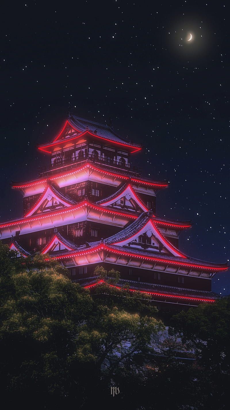 Pagode, Nacht, Beleuchtung, Mond, Rot-Pink, Hintergrundbild für iPhone und Android