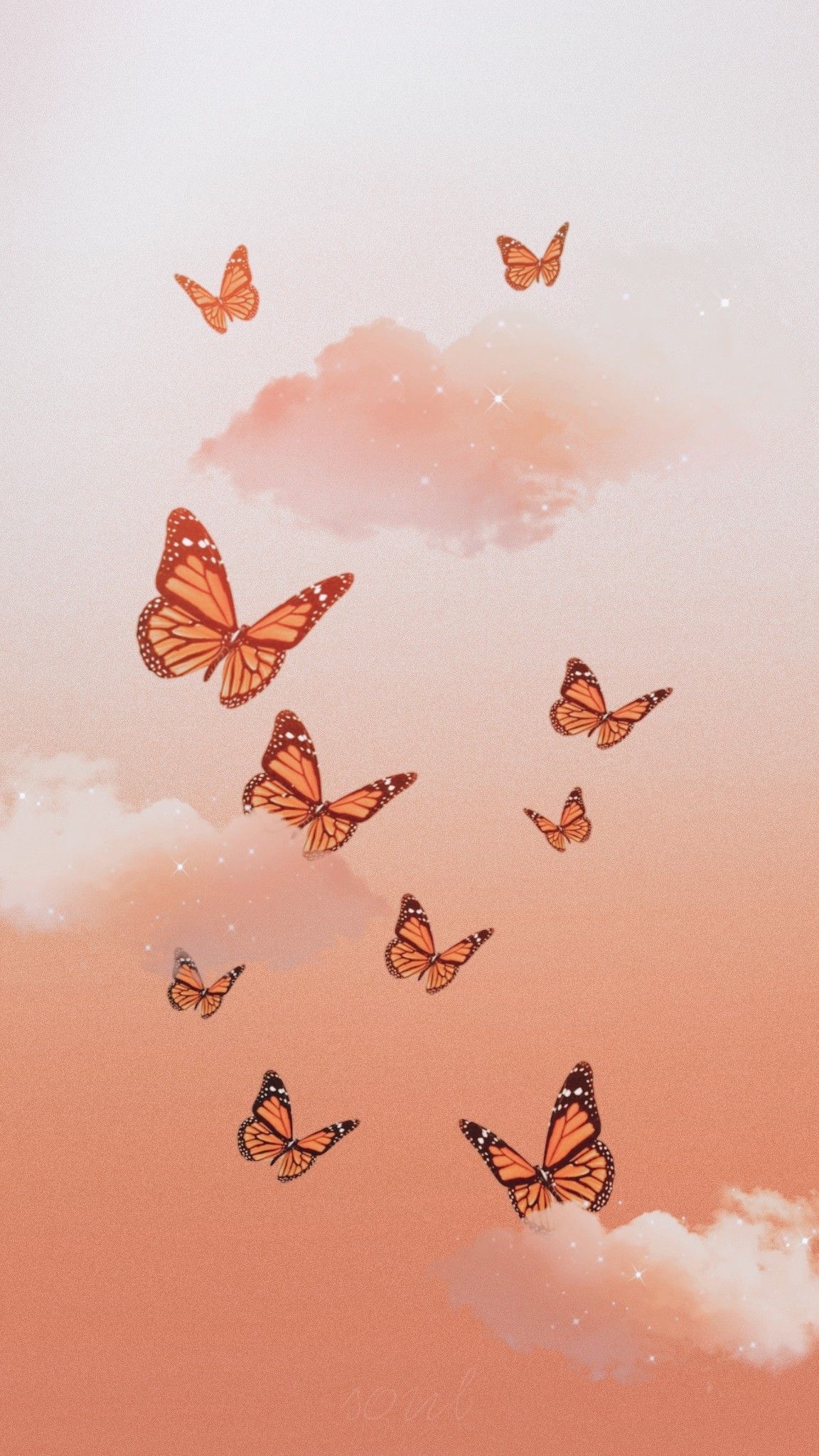 Monarchfalter, Orange Wolken, Farbverlauf, Pastellfarben, Full HD, Handy-Hintergrundbild