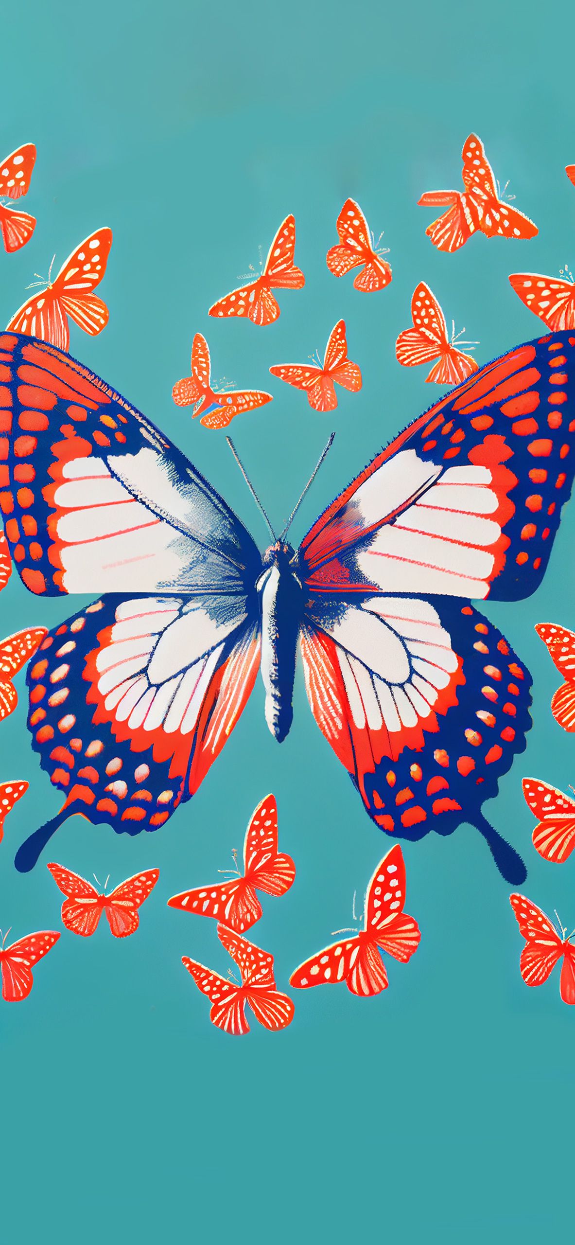 Großer Schmetterling, Rote Schmetterlinge, Türkis, Illustration, Full HD, Handy-Hintergrund