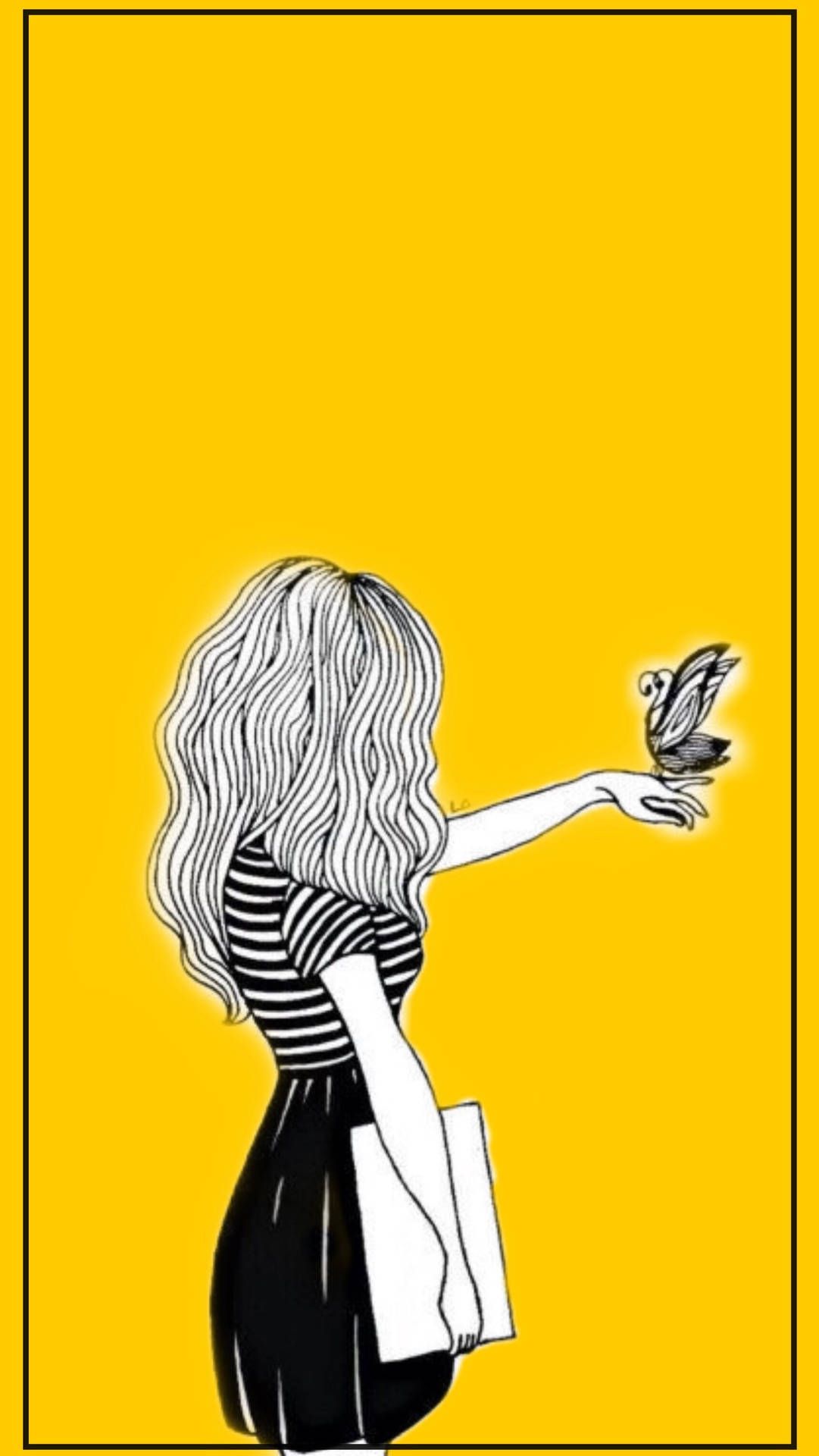 Mädchen, Schmetterling, Linienzeichnung, Gelber Hintergrund, Sperrbildschirm fürs iPhone
