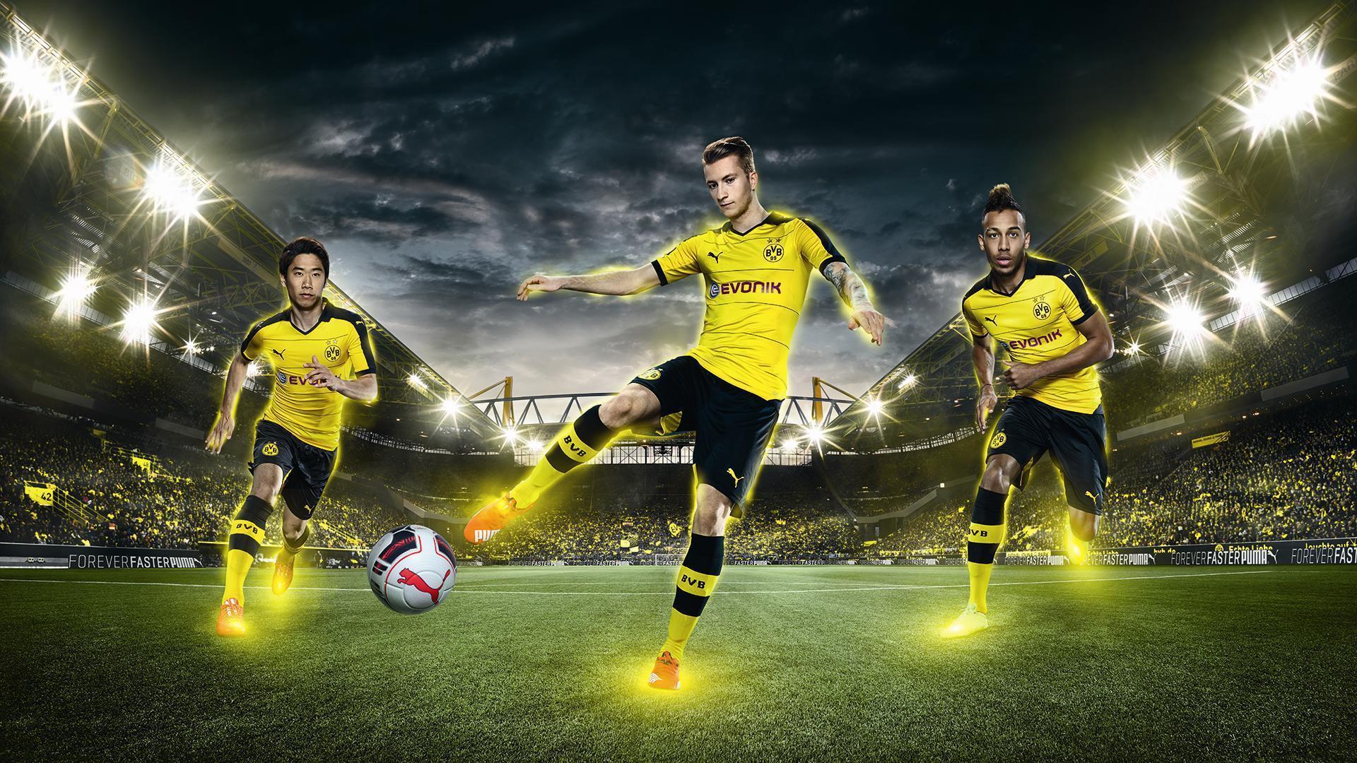 Borussia Dortmund, Fußballspieler, Flutlicht, Grafikdesign, Ball, Full HD, Laptop-Hintergrundbild