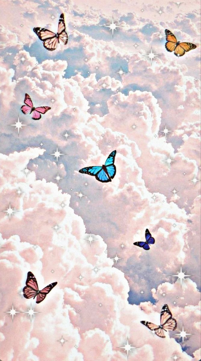 Schmetterlinge, Rosa Wolken, Pastellfarben, Verträumt, Hochformat, Hintergrundbild fürs Smartphone