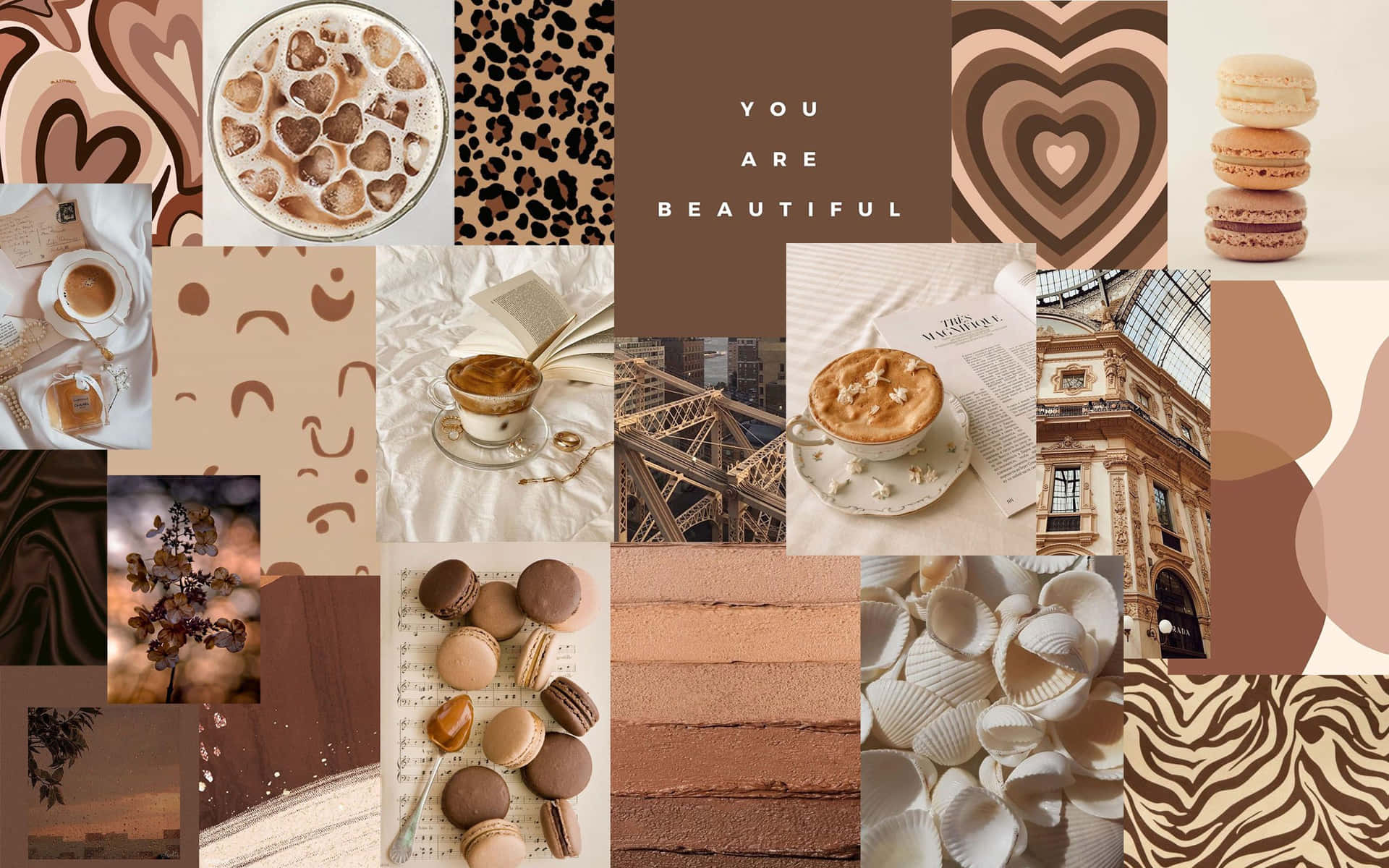 Collage, Kaffee, Macarons, Leopardenmuster, Brauntöne, 16:10, Full-HD-Hintergrundbild für den Desktop
