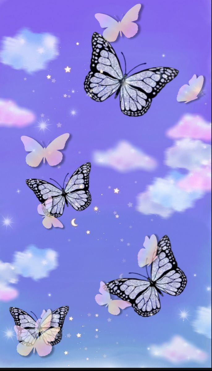 Schmetterlinge, Wolken, Violetter Himmel, Pastellfarben, Android-Hintergrundbild