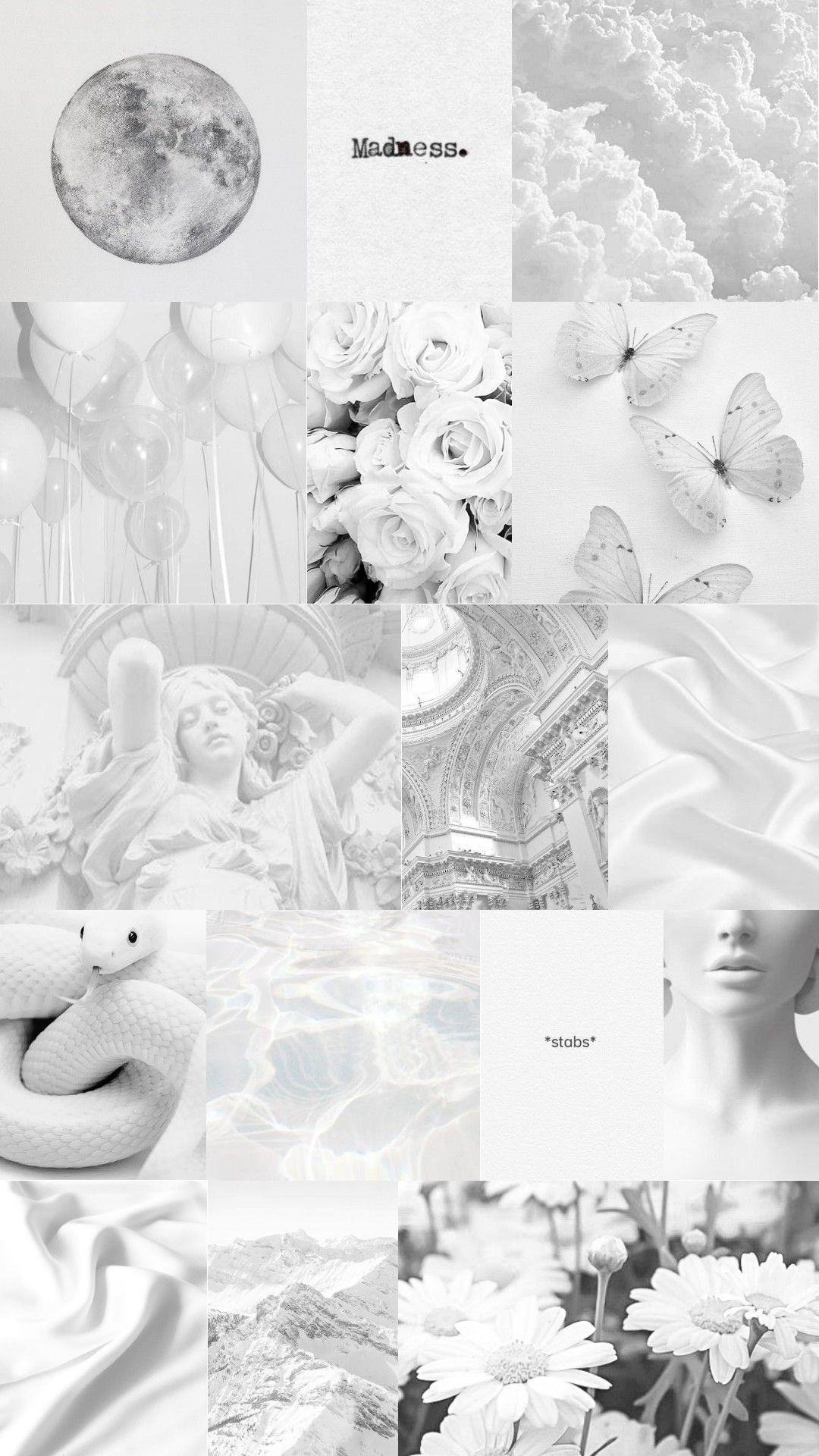 Collage, Weiße Ästhetik, Mond, Schwarz-Weiß, Blumen, Full HD, Hintergrundbild fürs Handy