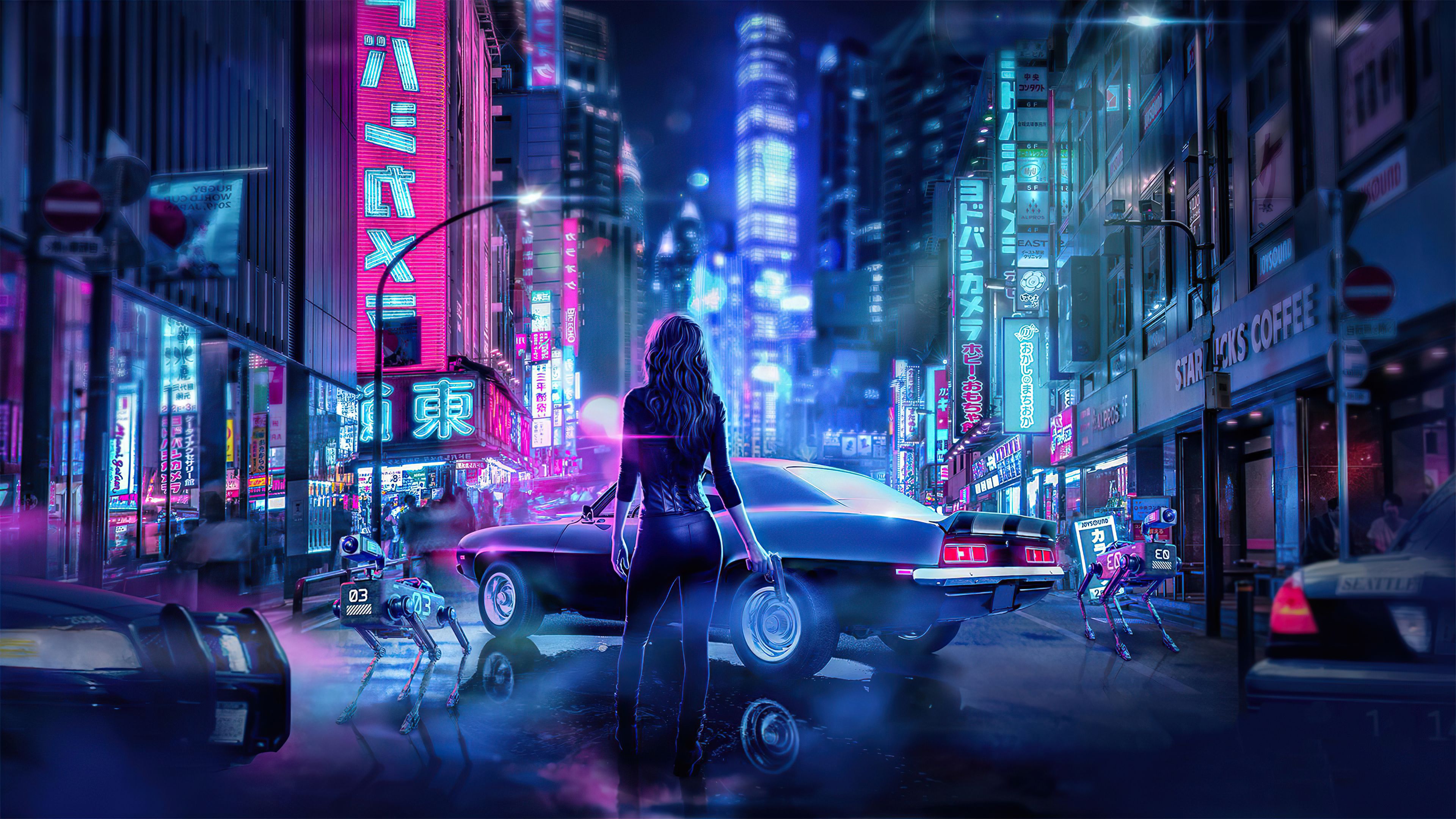 Cyberpunk-Stadt, Frau, Auto, Straße, Nacht, Leuchtreklamen, 4K, Desktop-Hintergrund