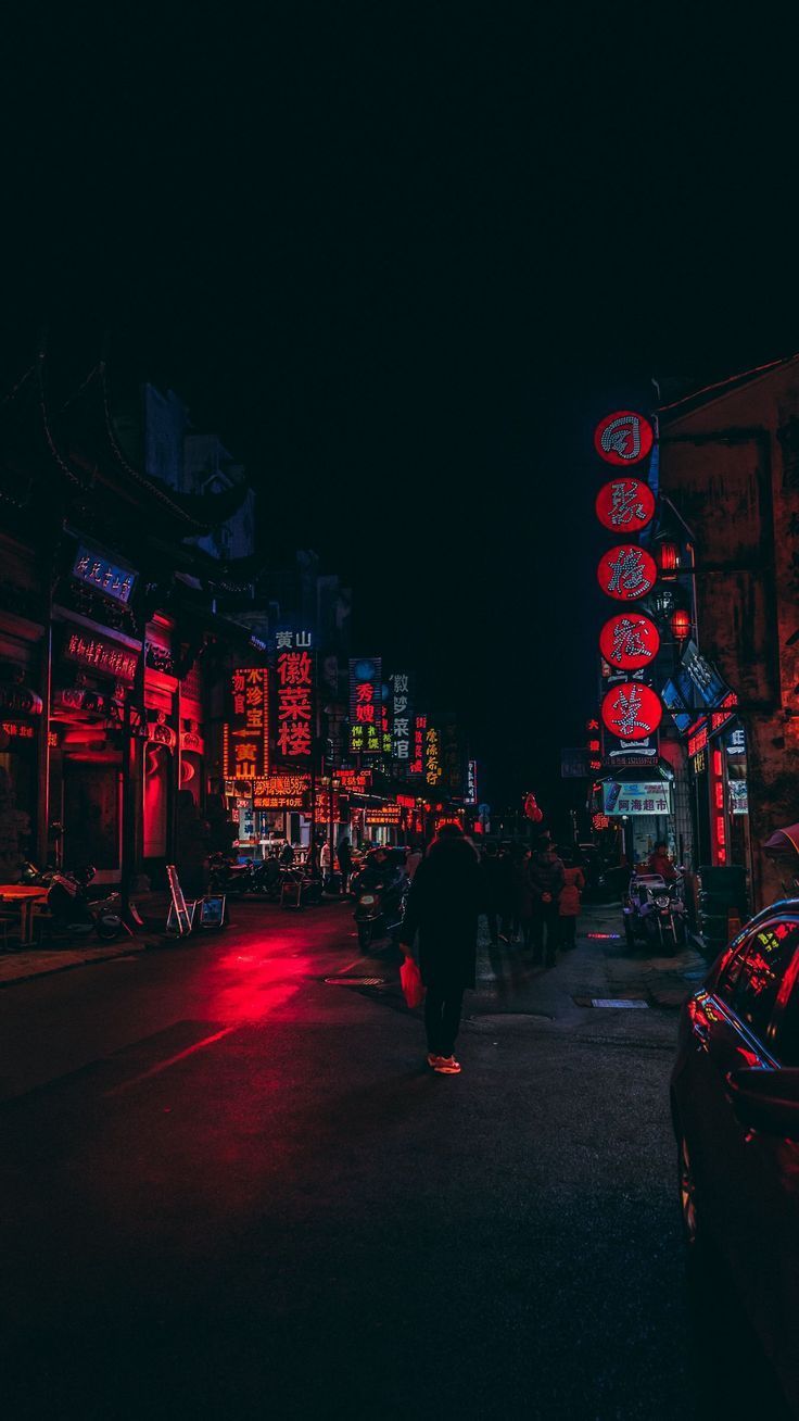 Straße bei Nacht, Laternen, Rote Lichter, Silhouette, Dunkel, HD, Handy-Hintergrundbild