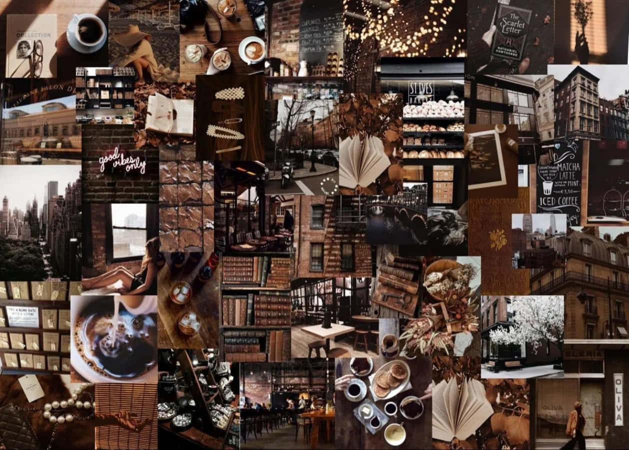 Collage, Dark Academia, Bücher, Kaffee, Braun, Hintergrundbild