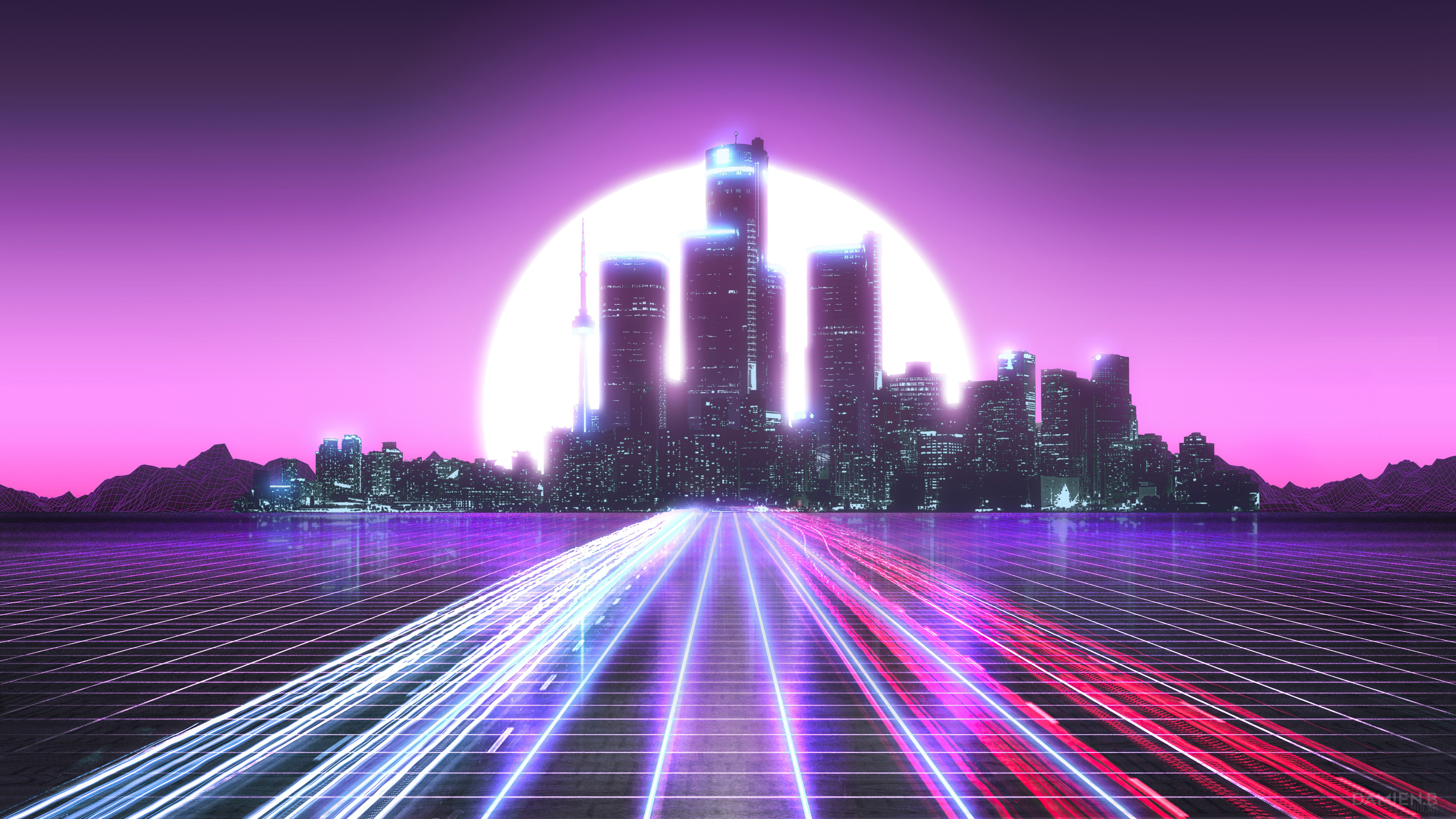 Skyline, Sonne, Straße, Lichtspuren, Synthwave, 8K 4320p, Desktop-Hintergrundbild