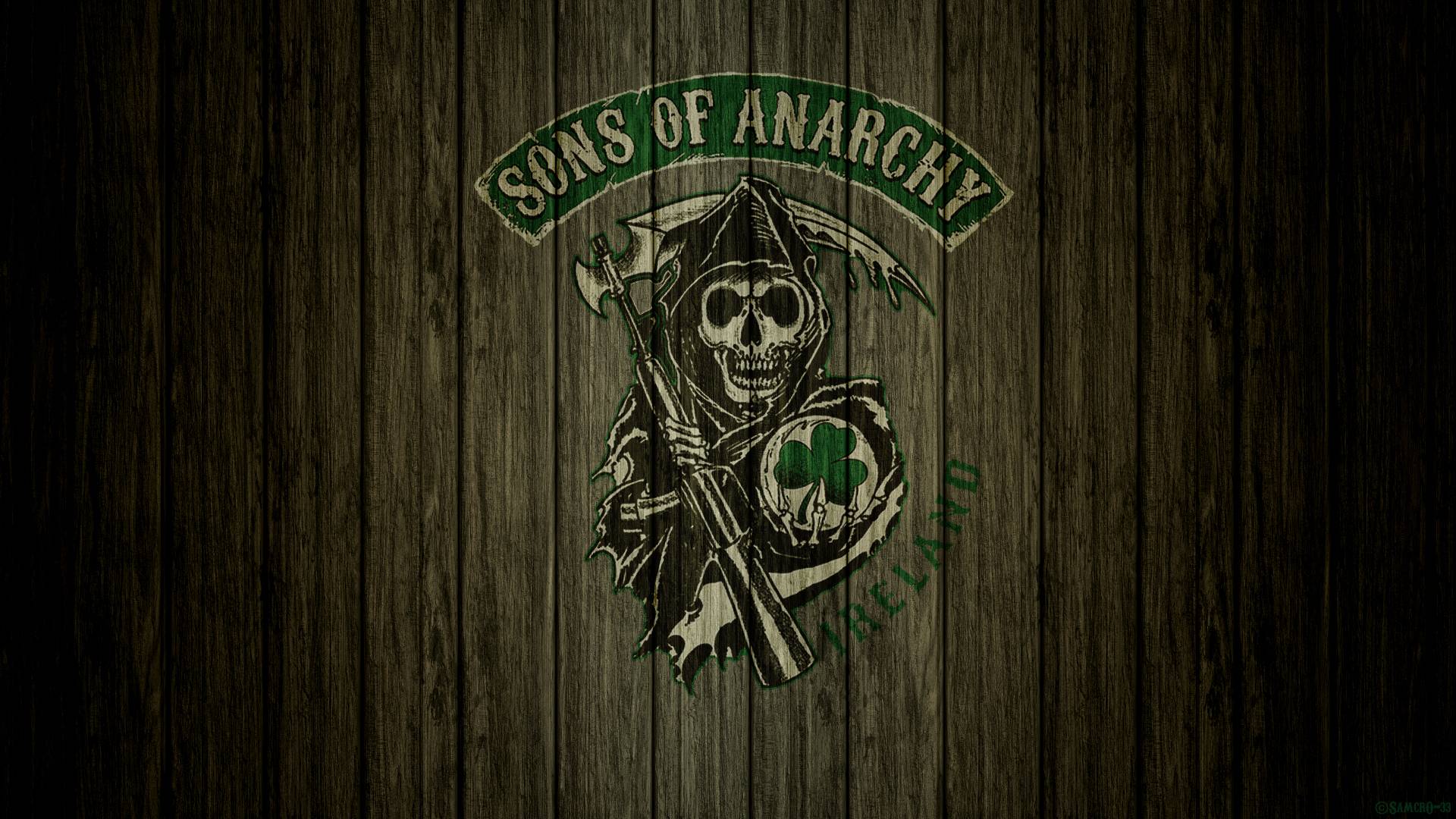 Sons of Anarchy, Reaper-Logo, Holzoptik, Grün, Kleeblatt, Full HD, PC-Hintergrundbild