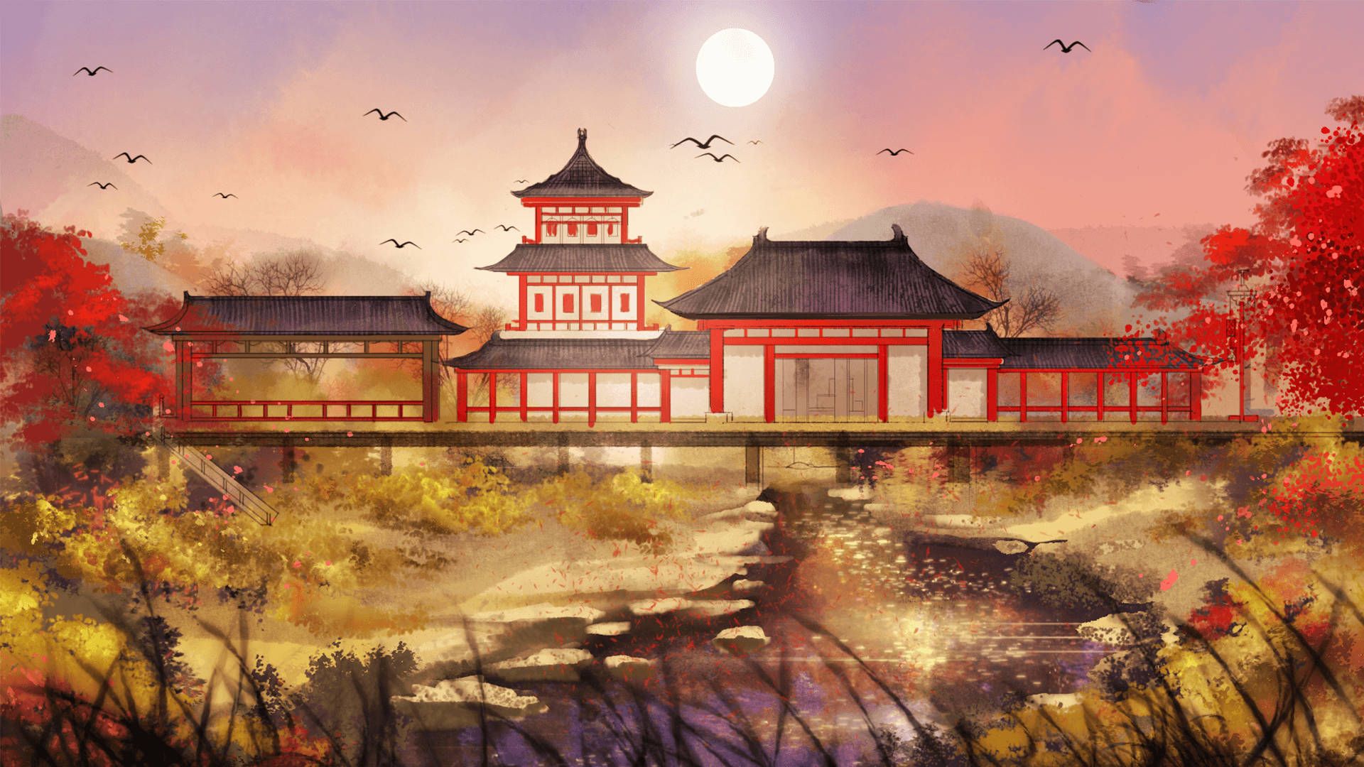 Palast, Traditionelle Architektur, Herbst, Sonne, Vögel, Illustration, Full-HD-Hintergrundbild für PC