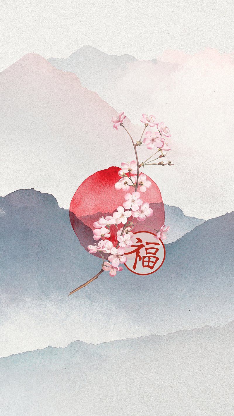 Kirschblüten, Rote Sonne, Berge, Tuschmalerei, Minimalistisch, Android-Hintergrundbild