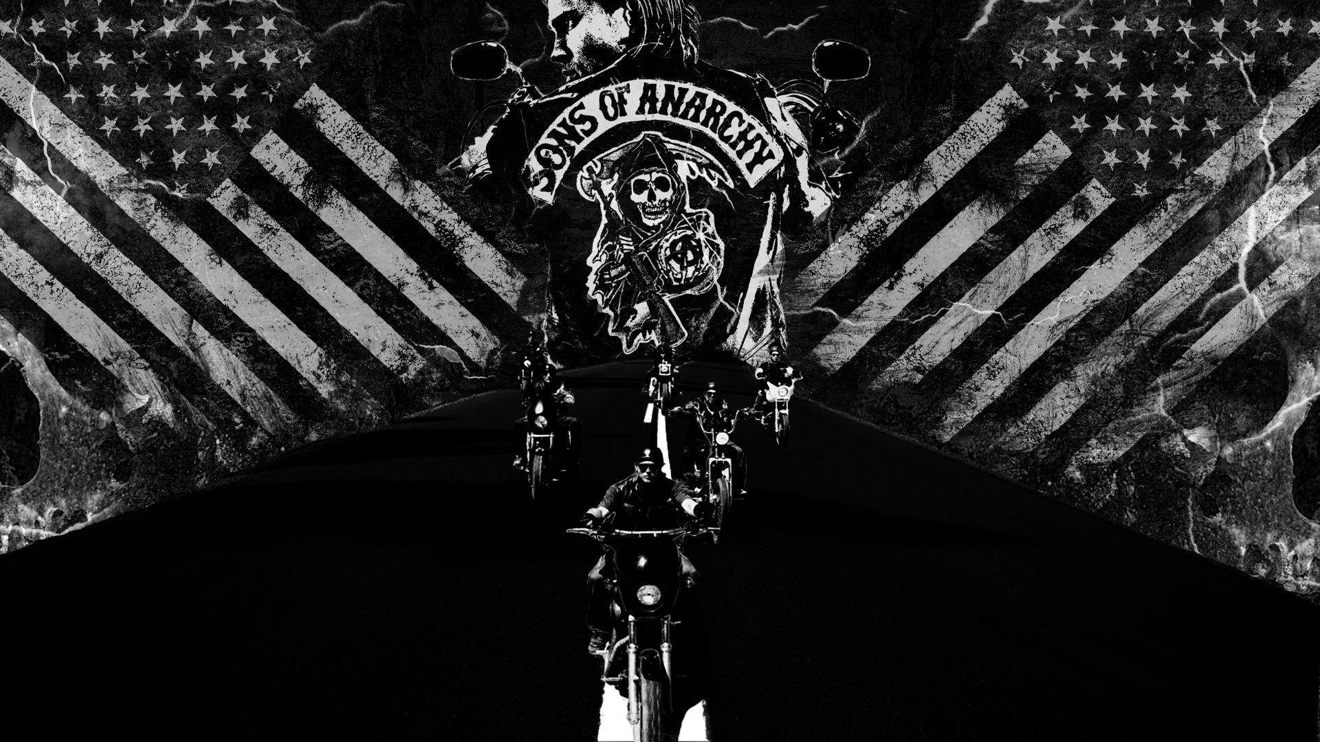 Sons of Anarchy, Reaper-Logo, US-Flagge, Motorrad, Schwarz-Weiß, 1920x1080, Desktop-Hintergrund