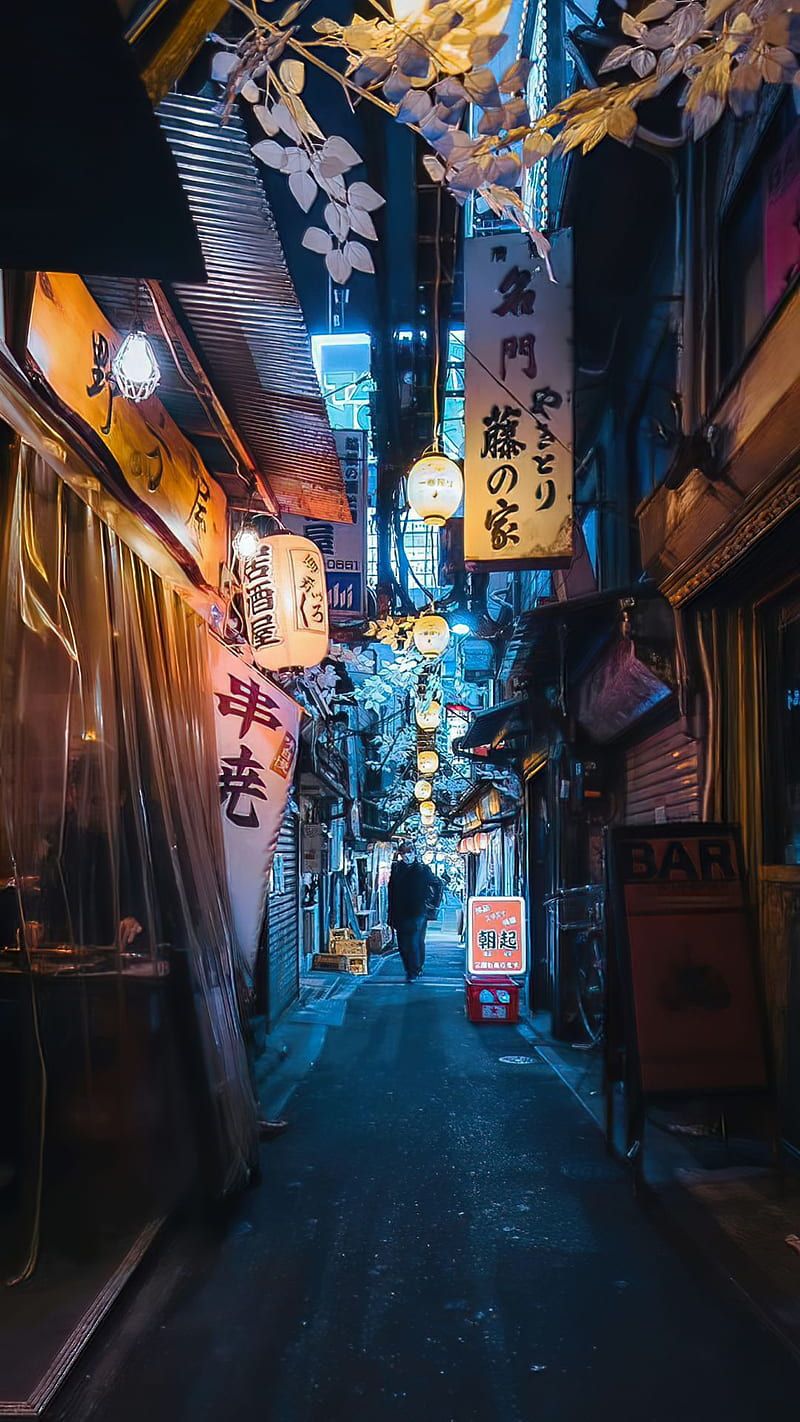Gasse, Laternen, Nacht, Altstadt, Hochformat, Hintergrundbild für iPhone und Android
