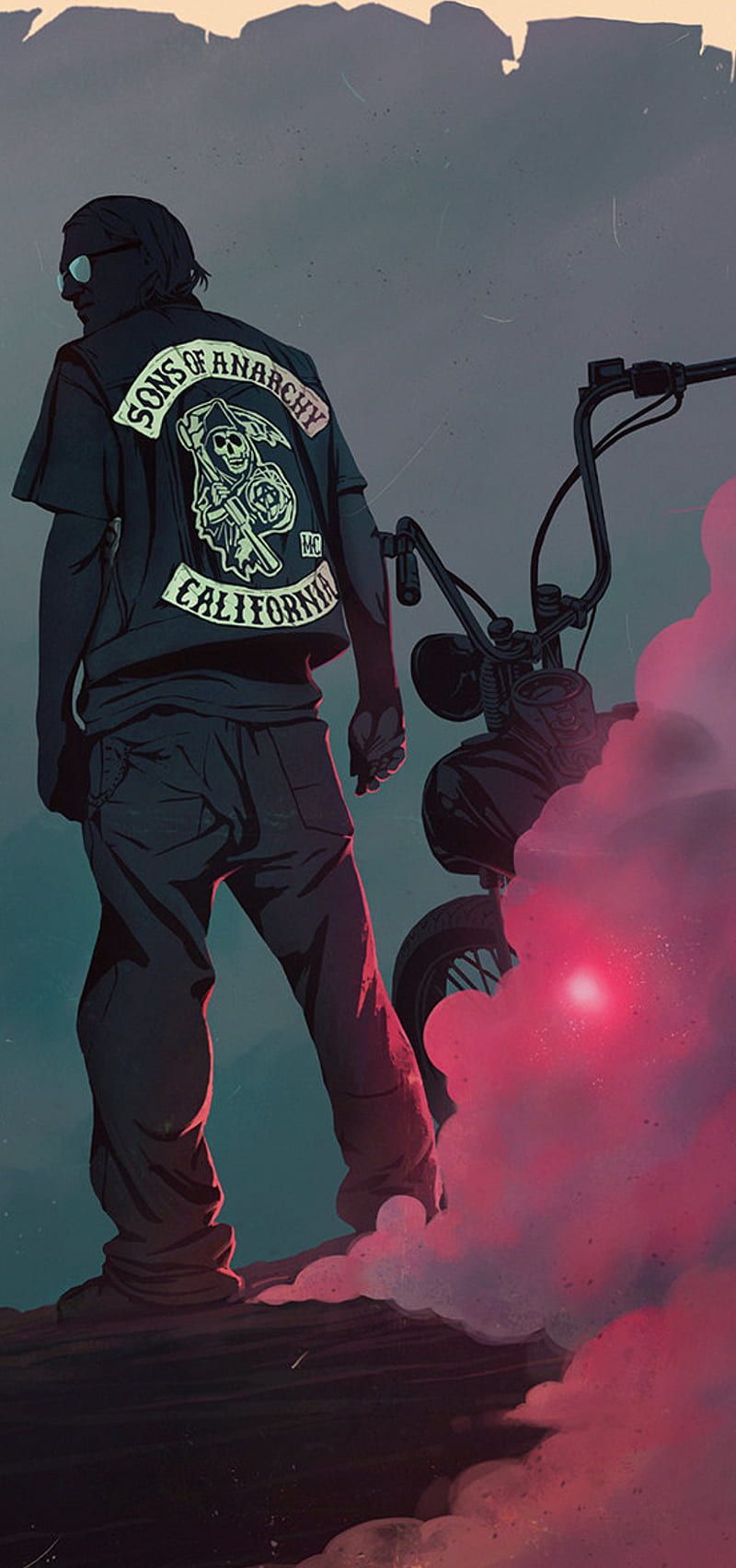 Sons of Anarchy, Biker, Motorrad, Rückansicht, Illustration, HD, Handy-Hintergrund