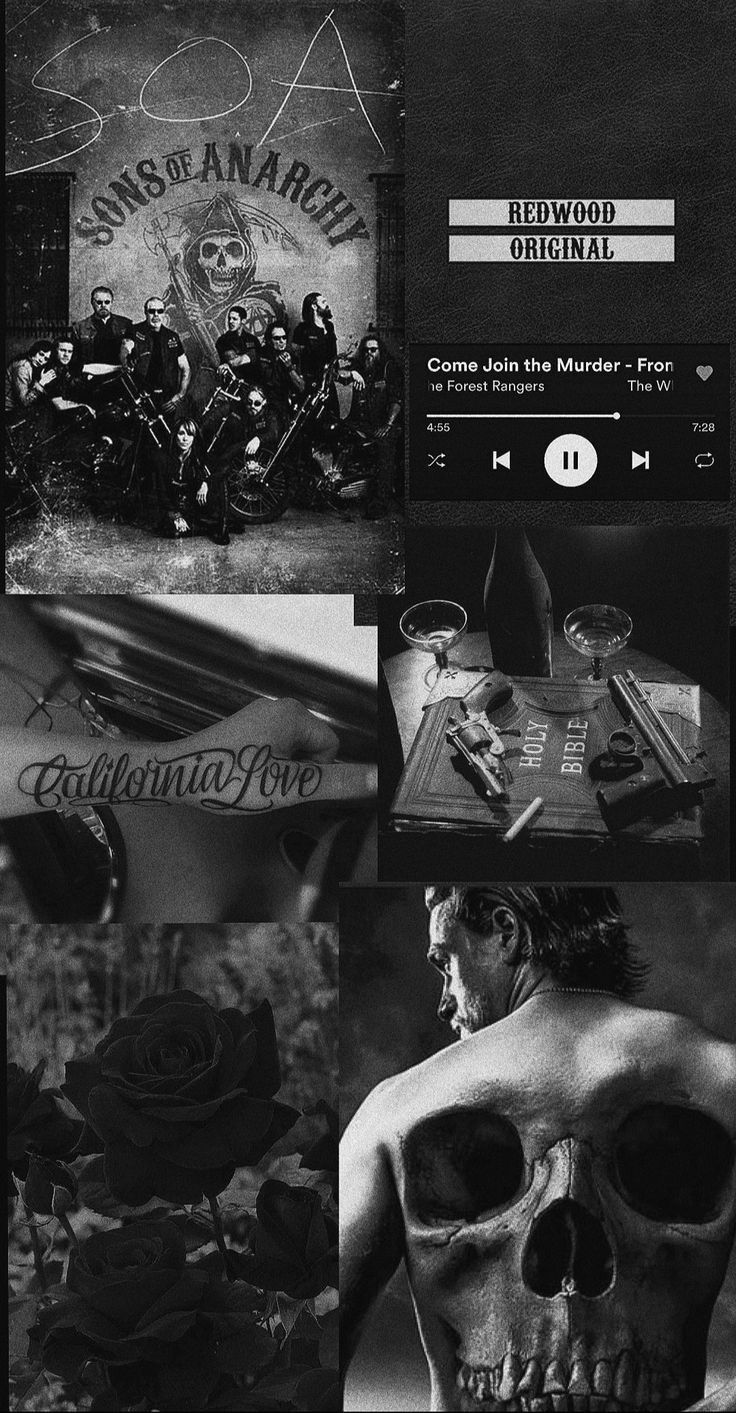 Sons of Anarchy, Collage, Totenkopf, Schwarz-Weiß, Musikplayer, Android-Hintergrundbild