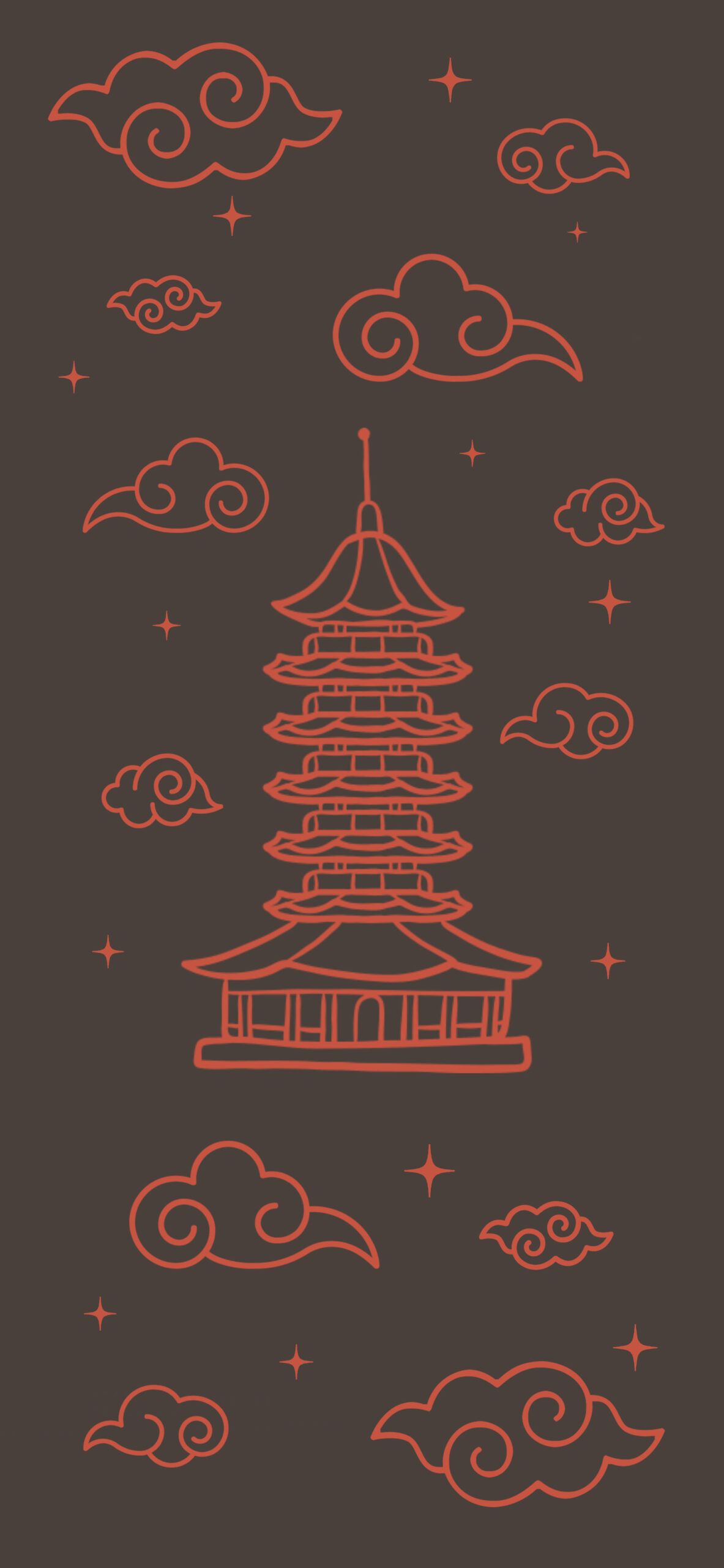 Pagode, Chinesische Wolken, Linienkunst, Rot auf Braun, Hochformat, Full HD, iPhone-Hintergrundbild