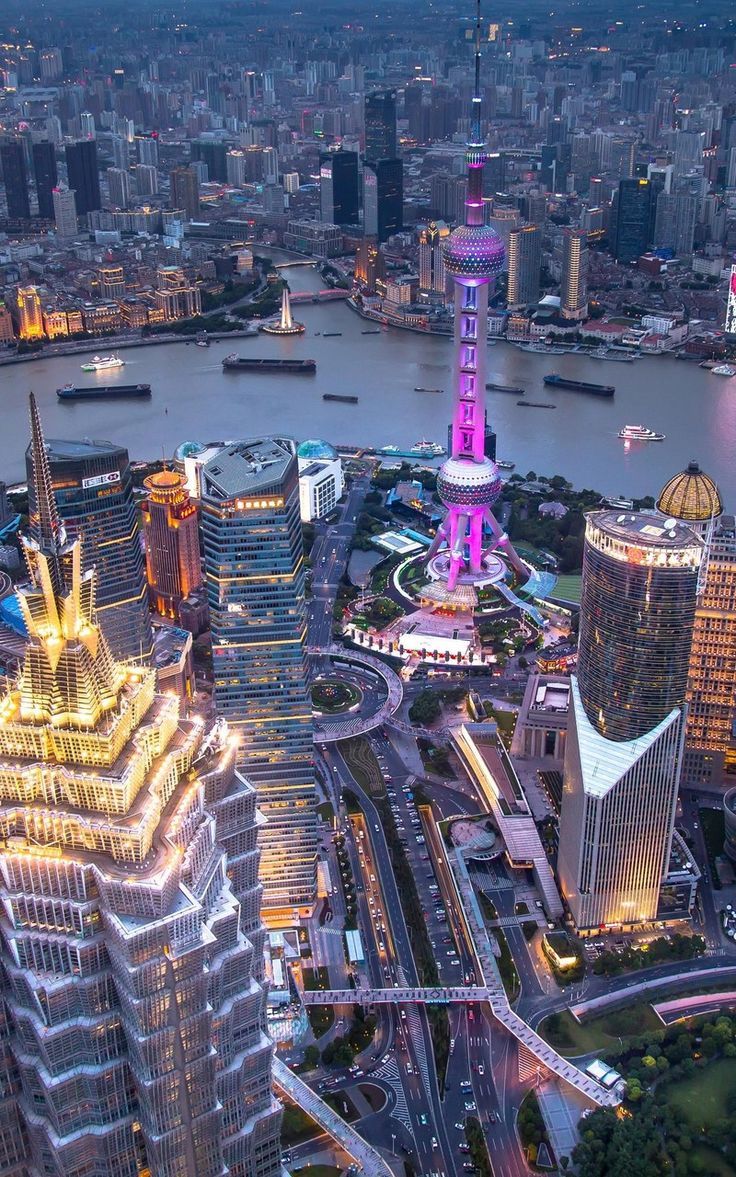 Shanghai, Lujiazui, Oriental Pearl Tower, Huangpu, Wolkenkratzer, Luftaufnahme, Handy-Hintergrund
