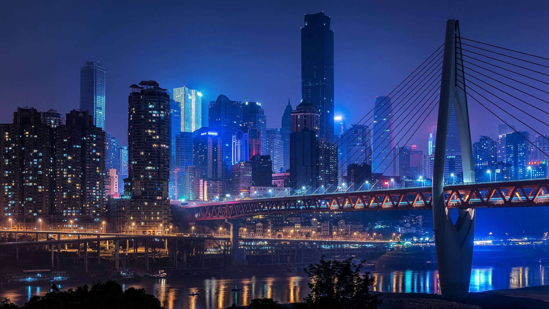 Chongqing, Schrägseilbrücke, Skyline, Nacht, Fluss, Blaue Lichter, Full HD, Laptop-Hintergrundbild