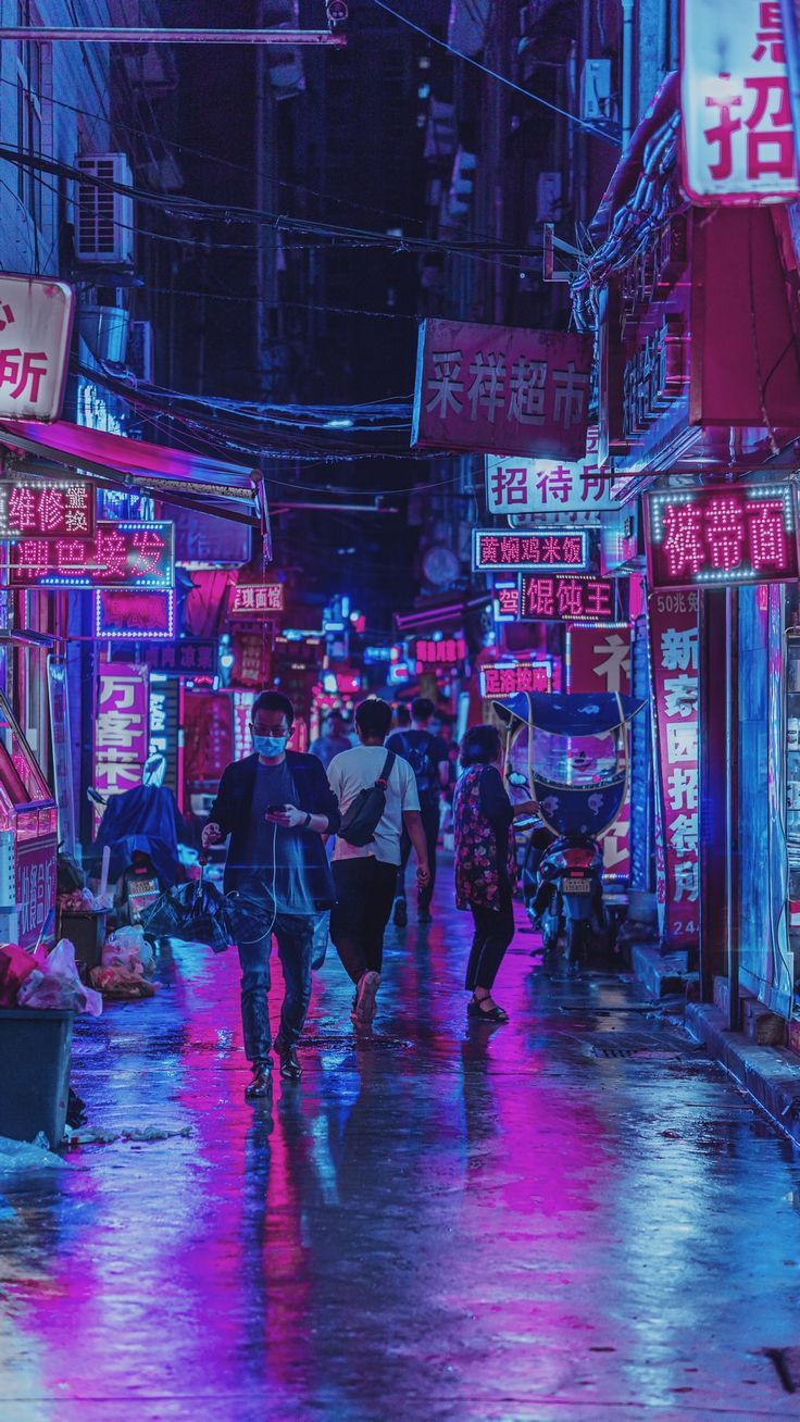 Neonstraße, Regen, Fußgänger, Pink-Blau, Hochformat, HD, Hintergrundbild fürs Handy