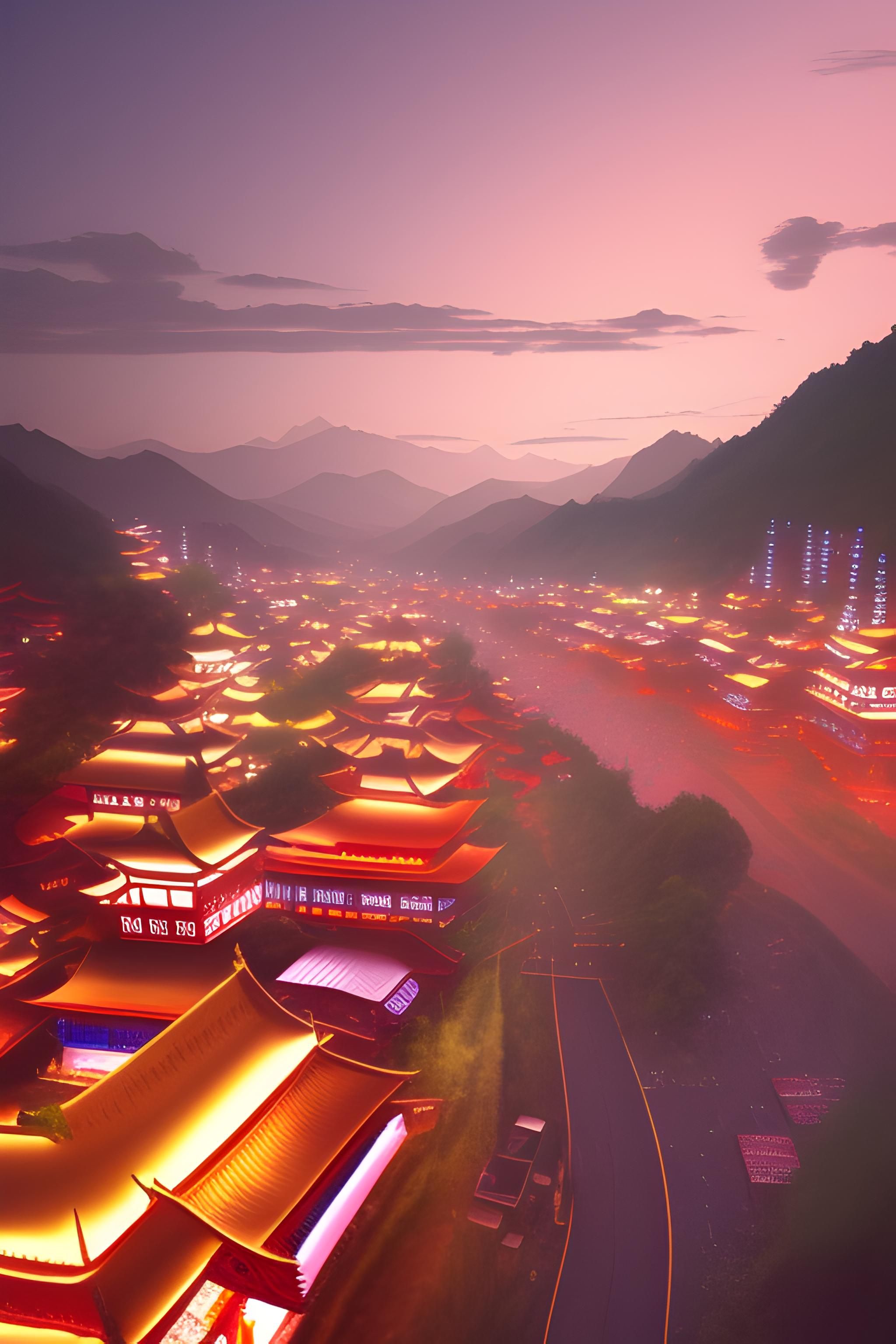 Altstadt, Luftaufnahme, Beleuchtete Dächer, Berge, Dämmerung, QHD+, Handy-Hintergrund