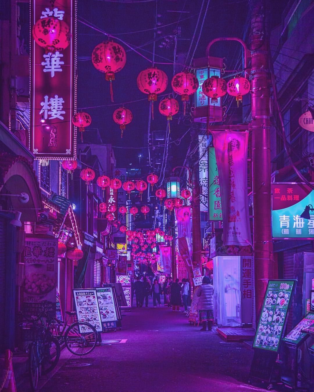 Neongasse, Rote Laternen, Nacht, Lila-Pink, Schilder, Full HD, iPad-Hintergrundbild