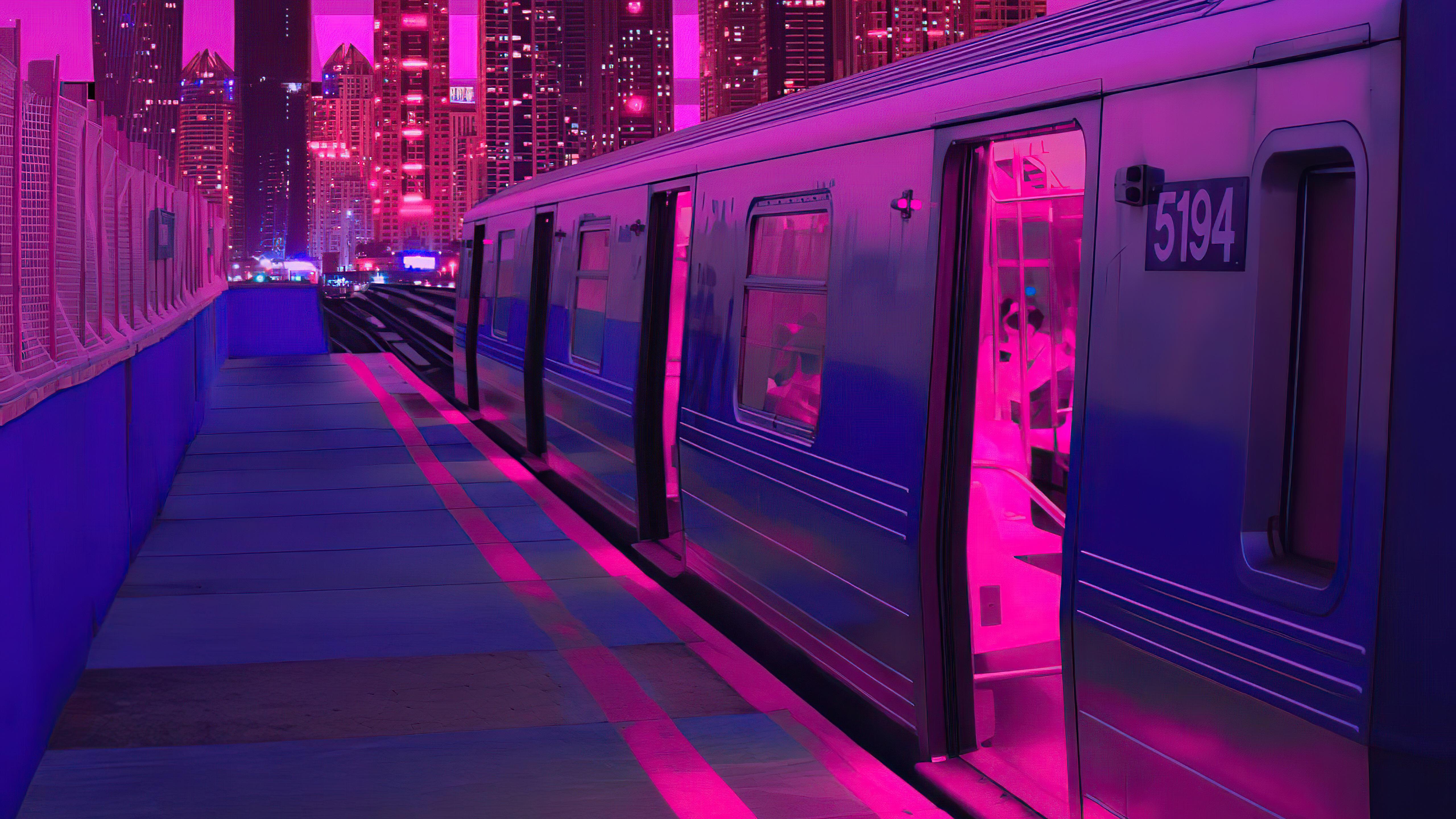 U-Bahn, Bahnsteig, Zug, Lila, Stadt, 5K, Hintergrundbild für den PC