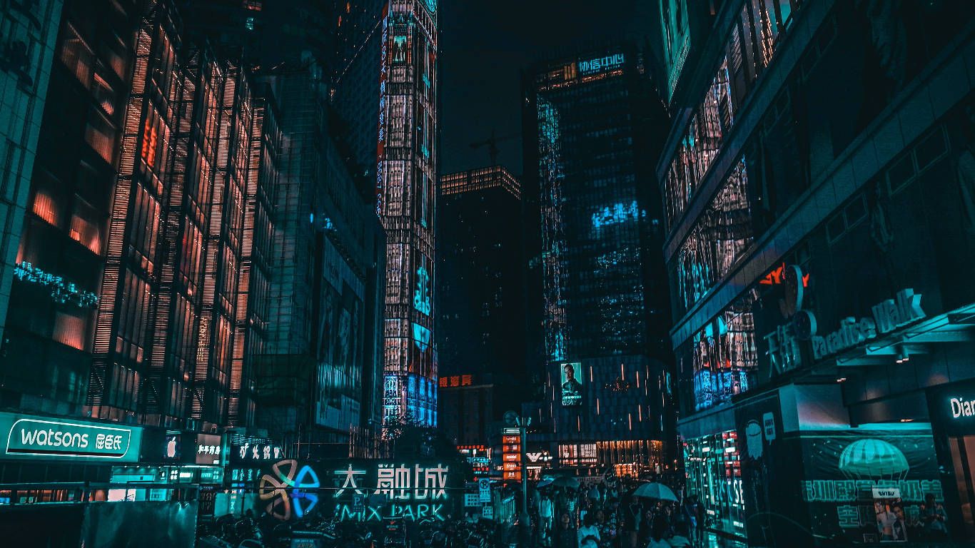 Großstadt, Nacht, Neonlichter, Hochhäuser, Cyberpunk-Stil, HD, Desktop-Hintergrund