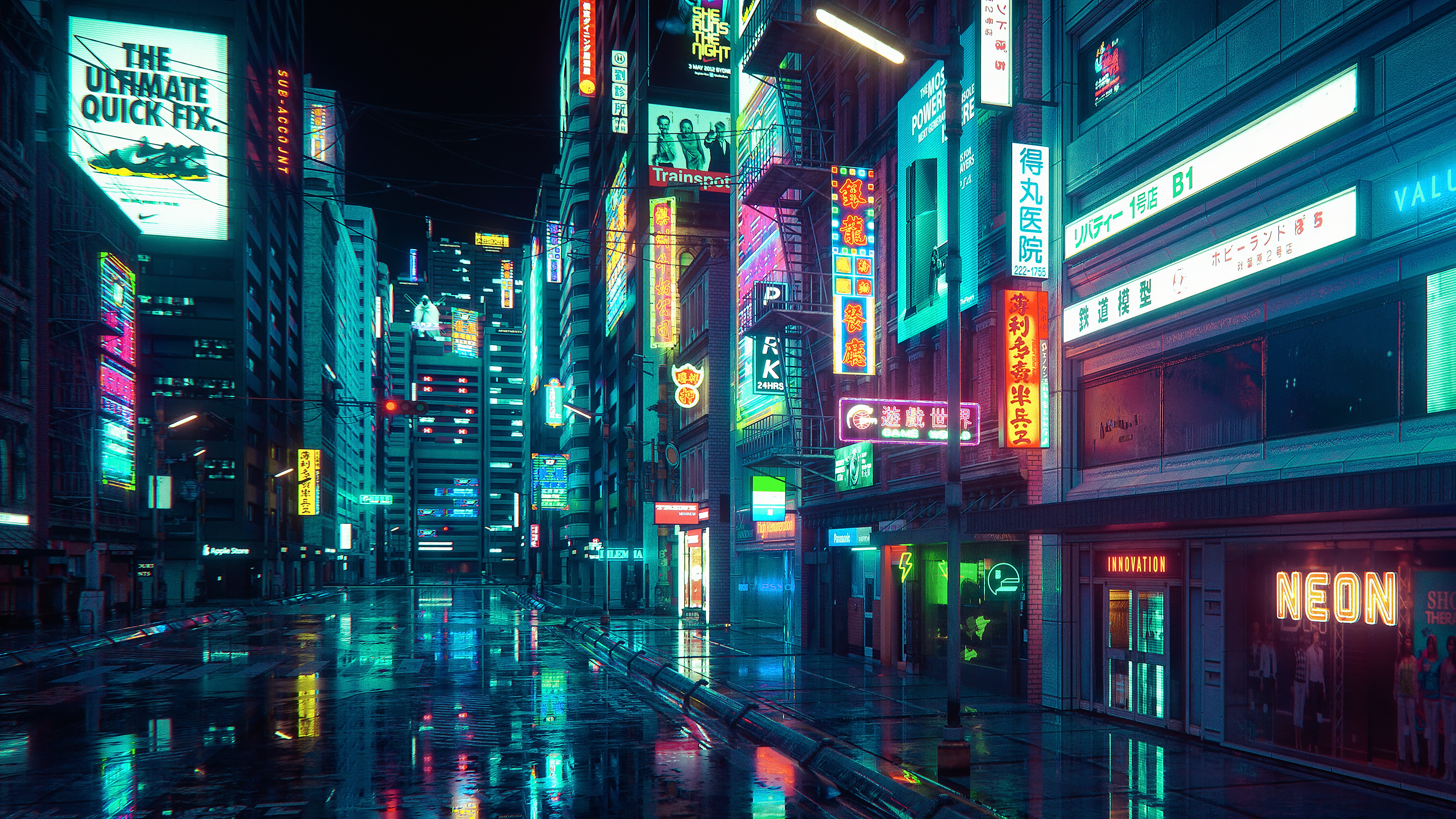 Straße, Nacht, Leuchtreklamen, Stadt, Spiegelung, Türkis, 3840x2160, Desktop-Hintergrund