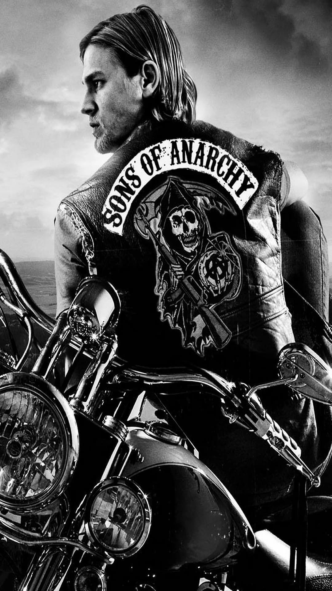 Jax Teller, Charlie Hunnam, Sons of Anarchy, Motorrad, Kutte, Schwarz-Weiß, Full HD, Handy-Hintergrund