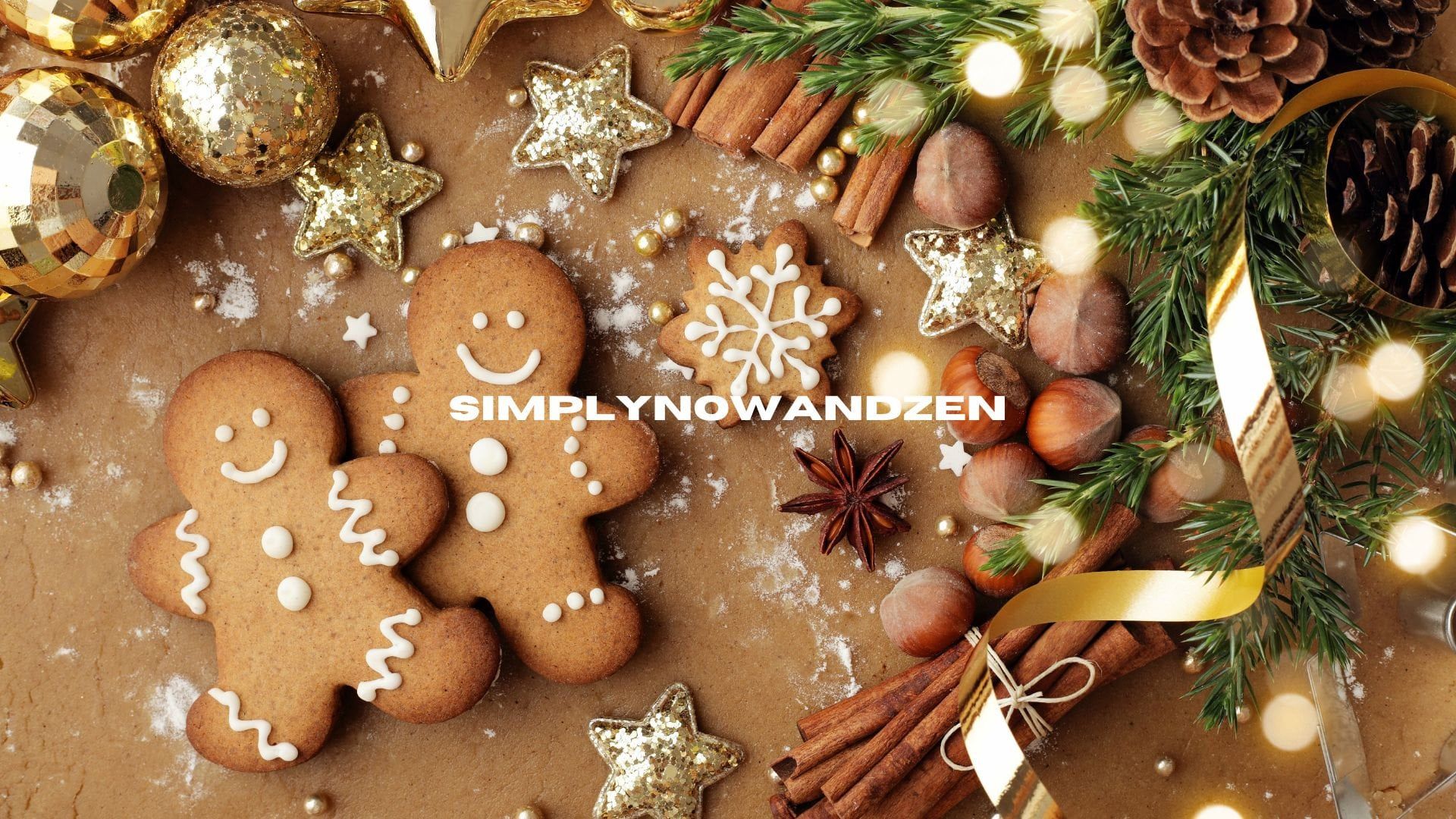 Lebkuchenmänner, Zimtstangen, Sternanis, Tannenzweige, Weihnachtsgebäck, Full HD, Breitbild-Hintergrundbild