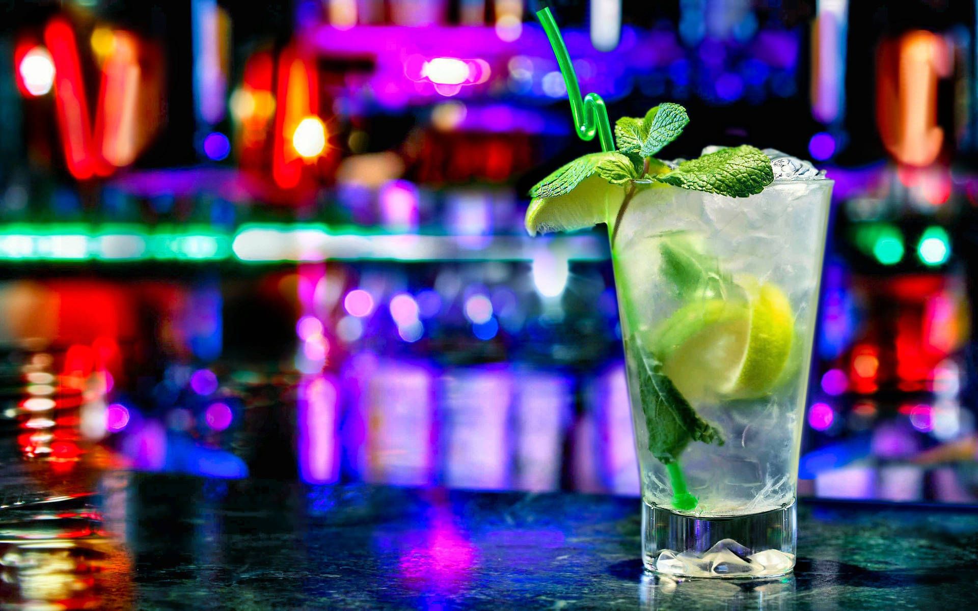 Mojito, Minze, Limette, Bar, Bunte Lichter, Bokeh, 16:10, Full-HD-Hintergrundbild für den Desktop
