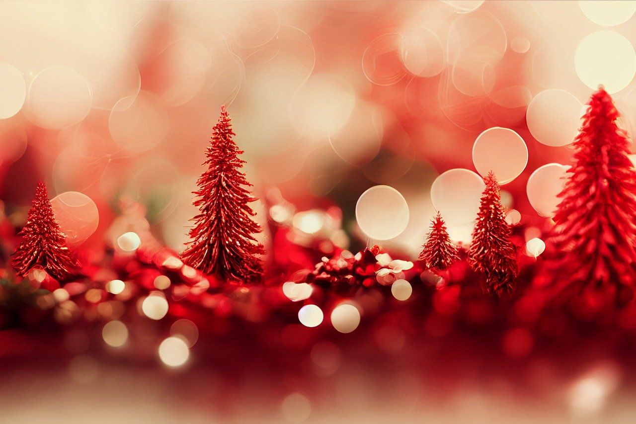 Rote Tannenbäume, Bokeh, Glitzer, Rot, Dekoration, HD, Desktop-Hintergrund für Windows