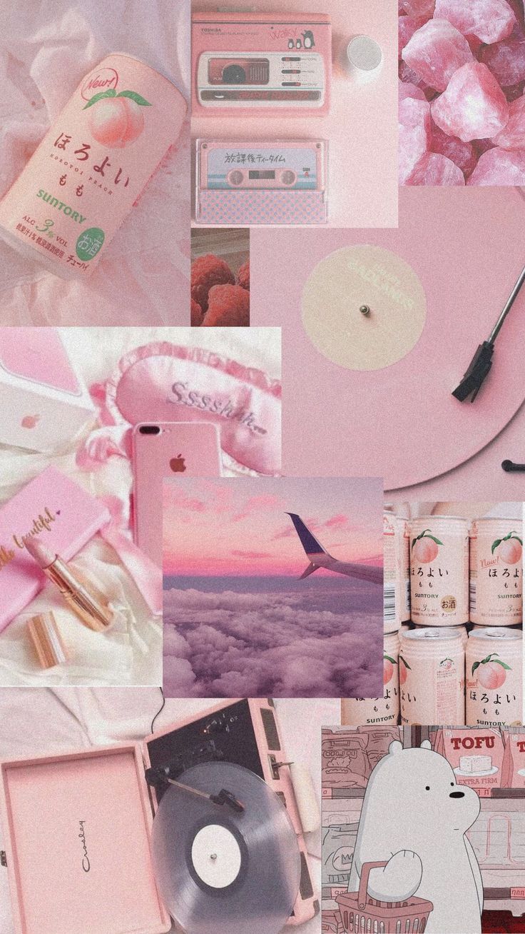 Collage, Rosa Ästhetik, Schallplatte, Pastellrosa, HD, Sperrbildschirm fürs iPhone