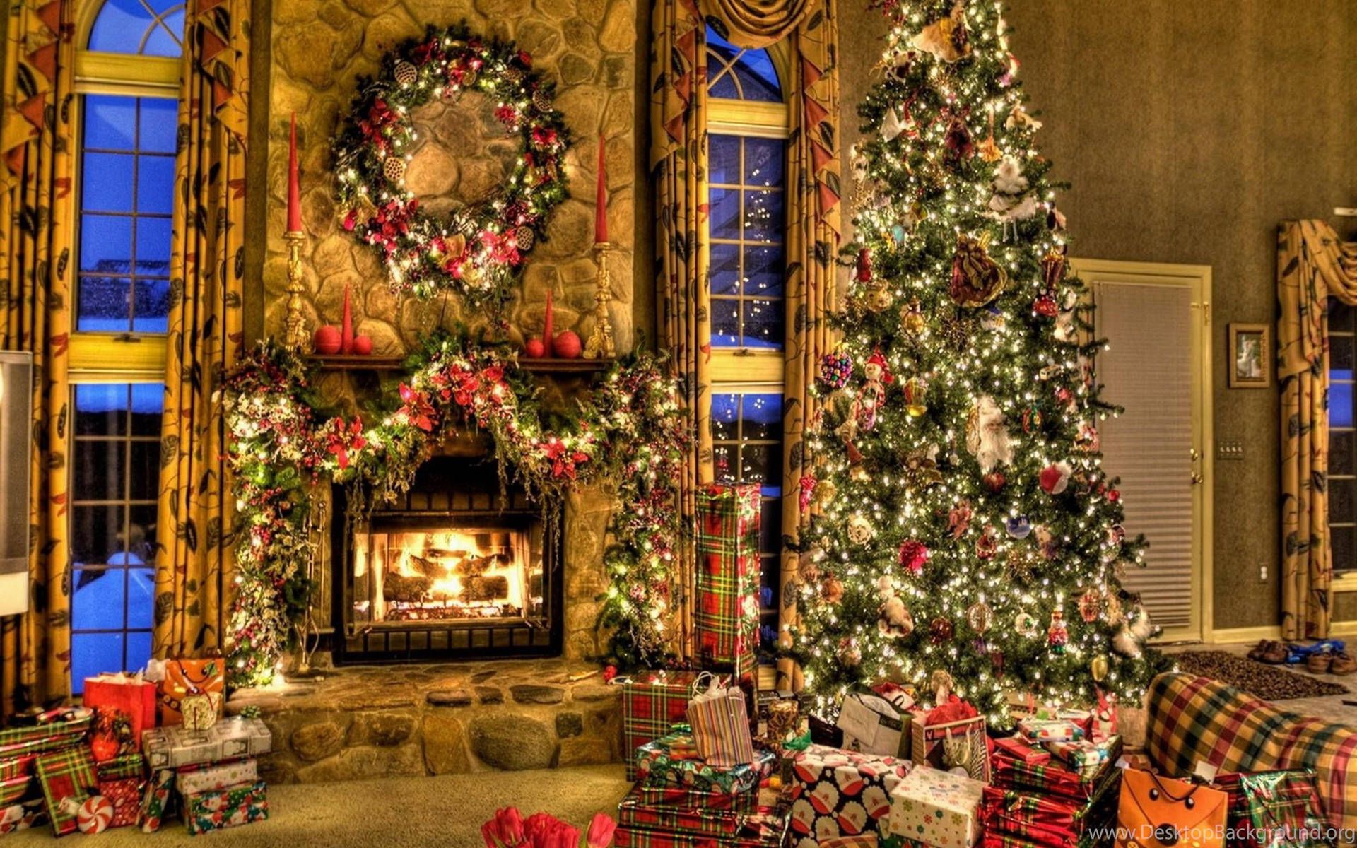 Weihnachtszimmer, Kamin, Weihnachtsbaum, Kranz, Geschenke, Full HD, Laptop-Hintergrundbild